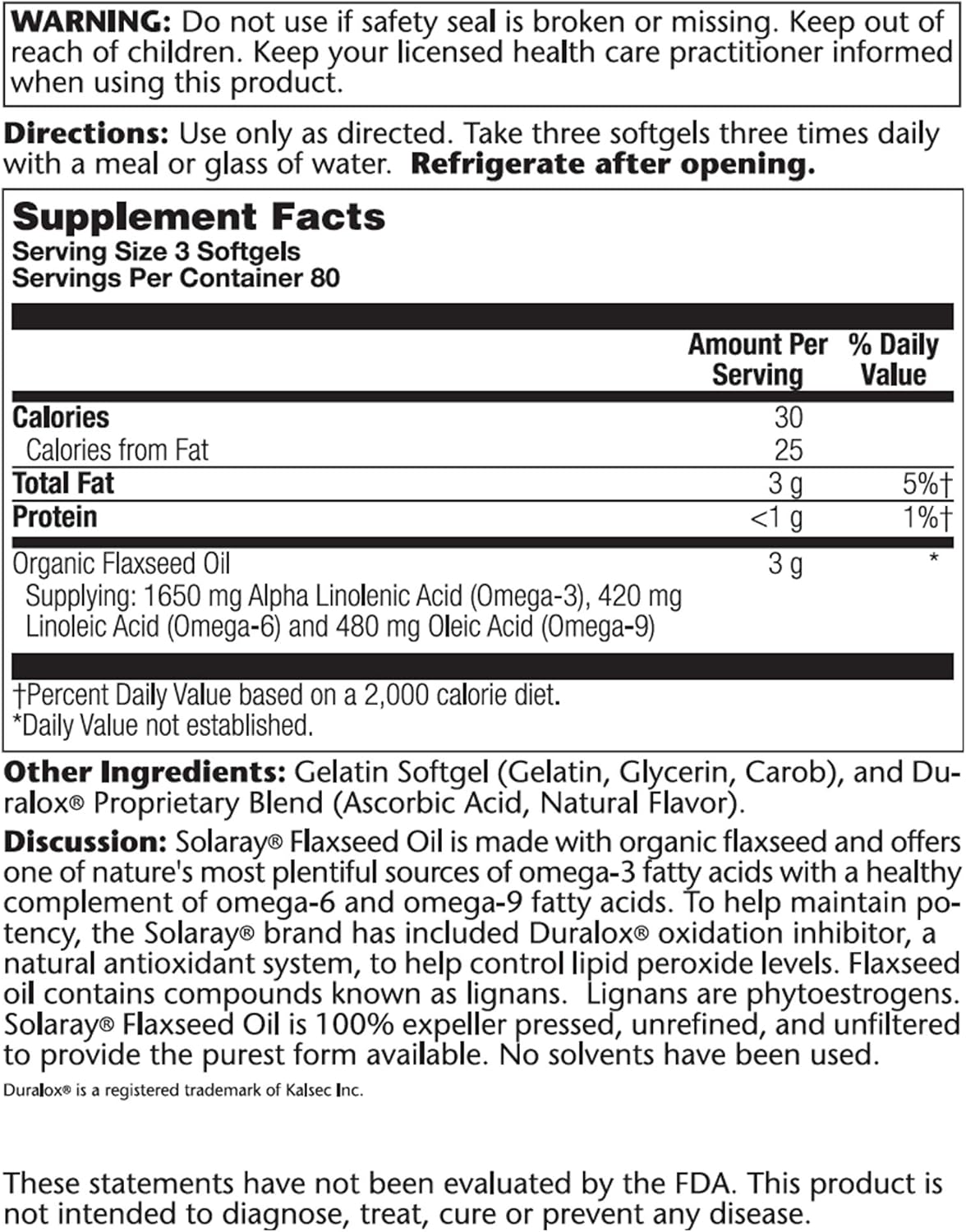 SOLARAY Flaxseed Oil Softgels 1000mg - 240 Count Bottle
