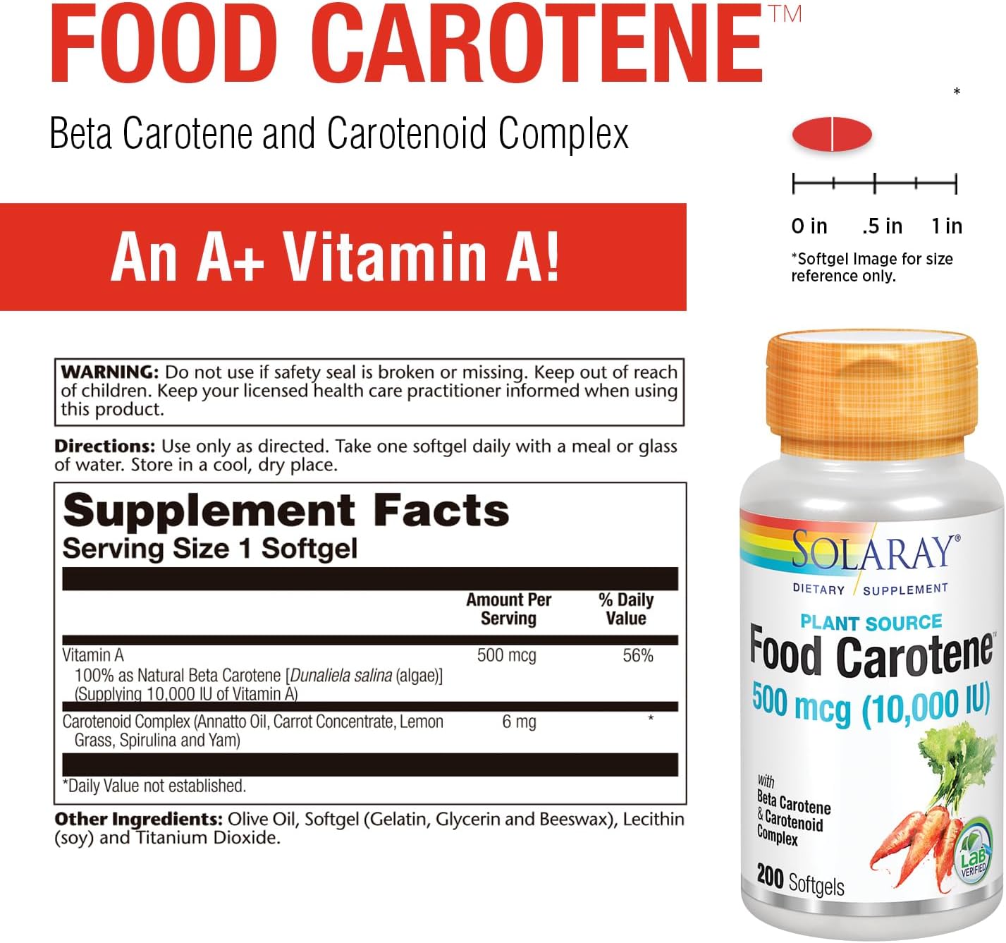 Solaray Food Carotene & Vitamin A Supplement - 10000 IU for Healthy Skin, Eyes, Antioxidant & Immune Support - 200 Count