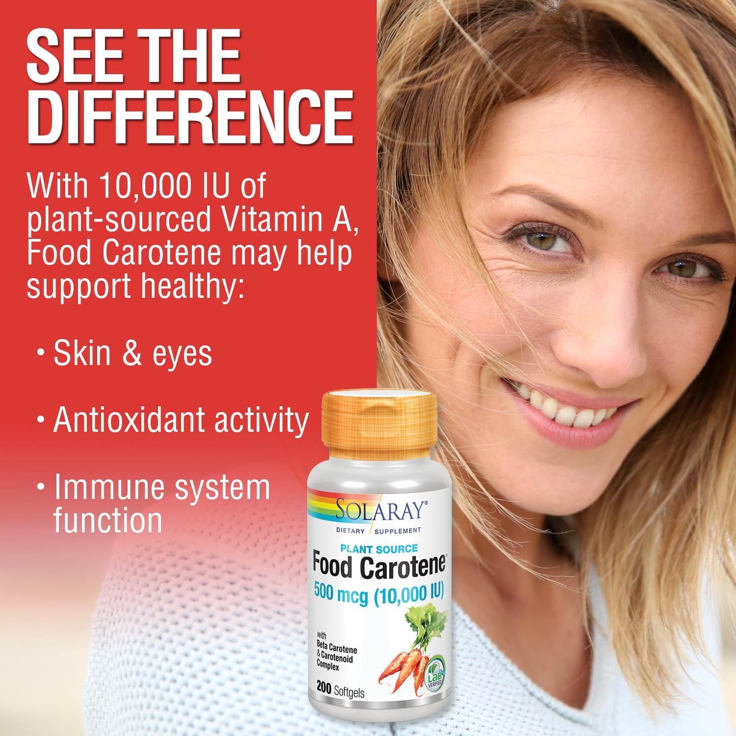 Solaray Food Carotene & Vitamin A Supplement - 10000 IU for Healthy Skin, Eyes, Antioxidant & Immune Support - 200 Count