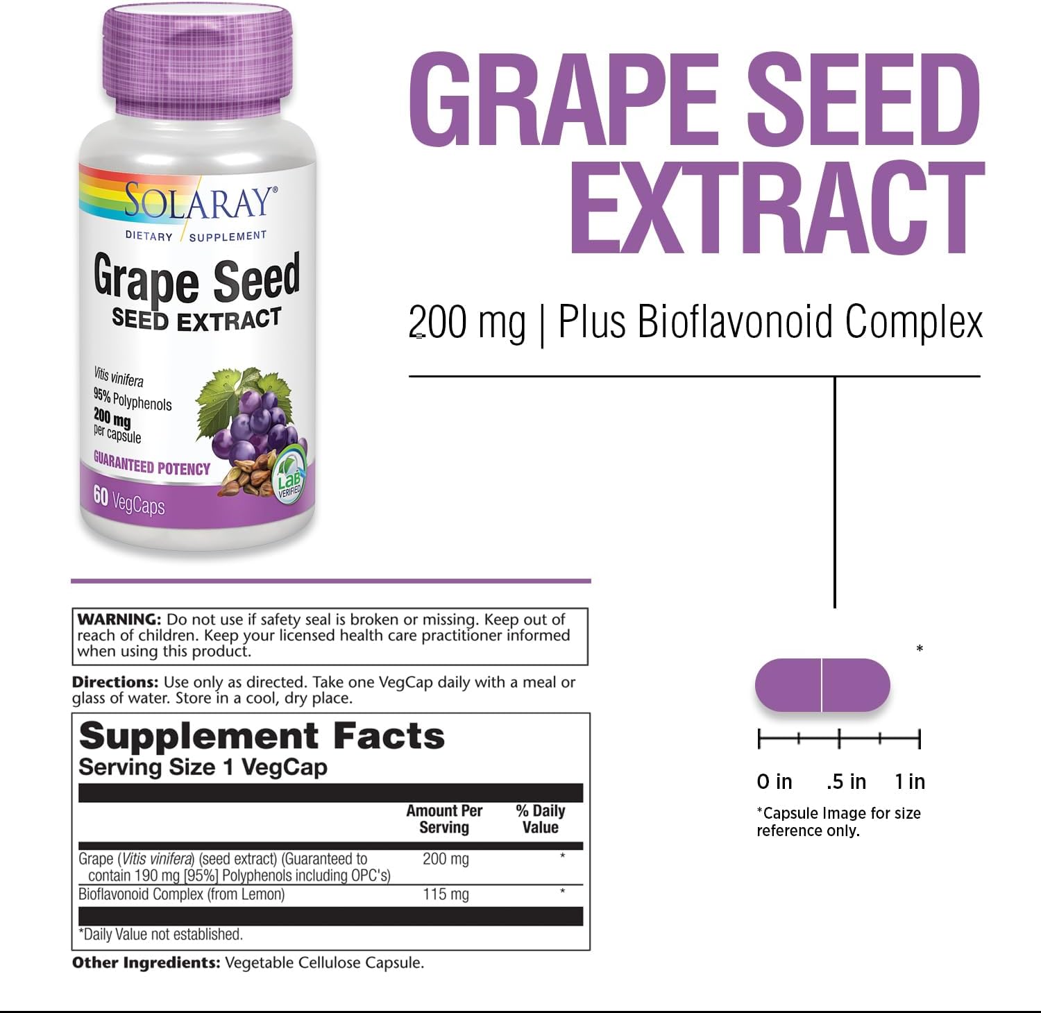 Solaray Grape Seed Extract with Bioflavonoid Complex - 200mg for Cardiovascular Health - 60 VegCapsules