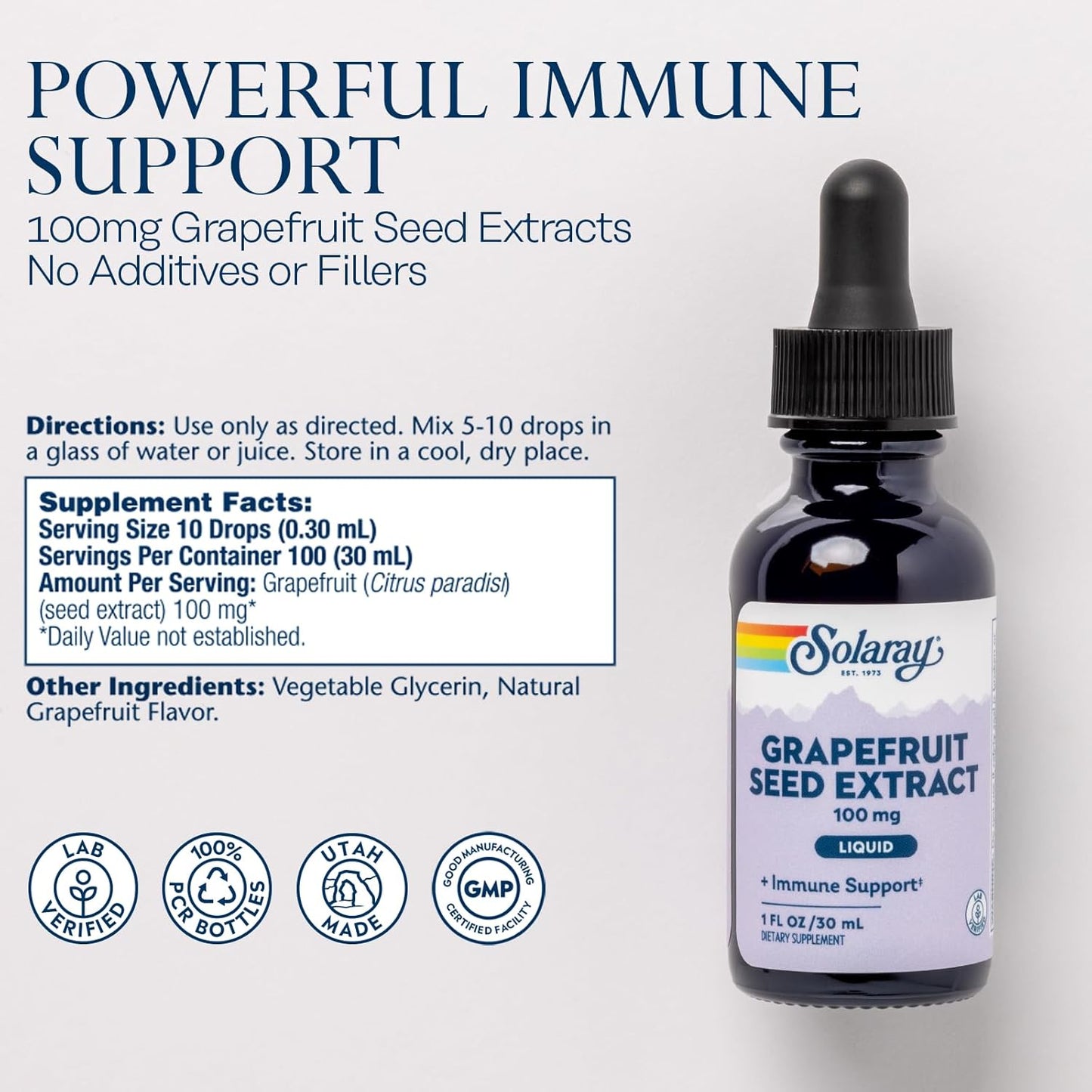 Solaray Grapefruit Seed Extract Liquid 100mg - Immune Support Supplement with Antioxidants and Polyphenols - Promotes Gut Health and Digestion - Lab Verified - 60 Servings, 1 FL OZ - 60-Day Guarantee