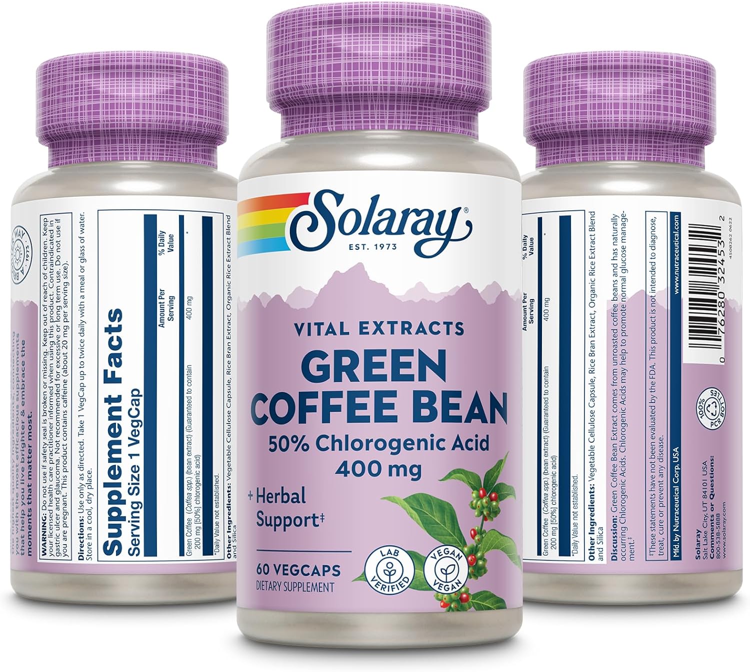 Solaray Green Coffee Bean Extract 400mg Capsules - 60 Count Bottle, Guaranteed Potency | Vegetarian Formula
