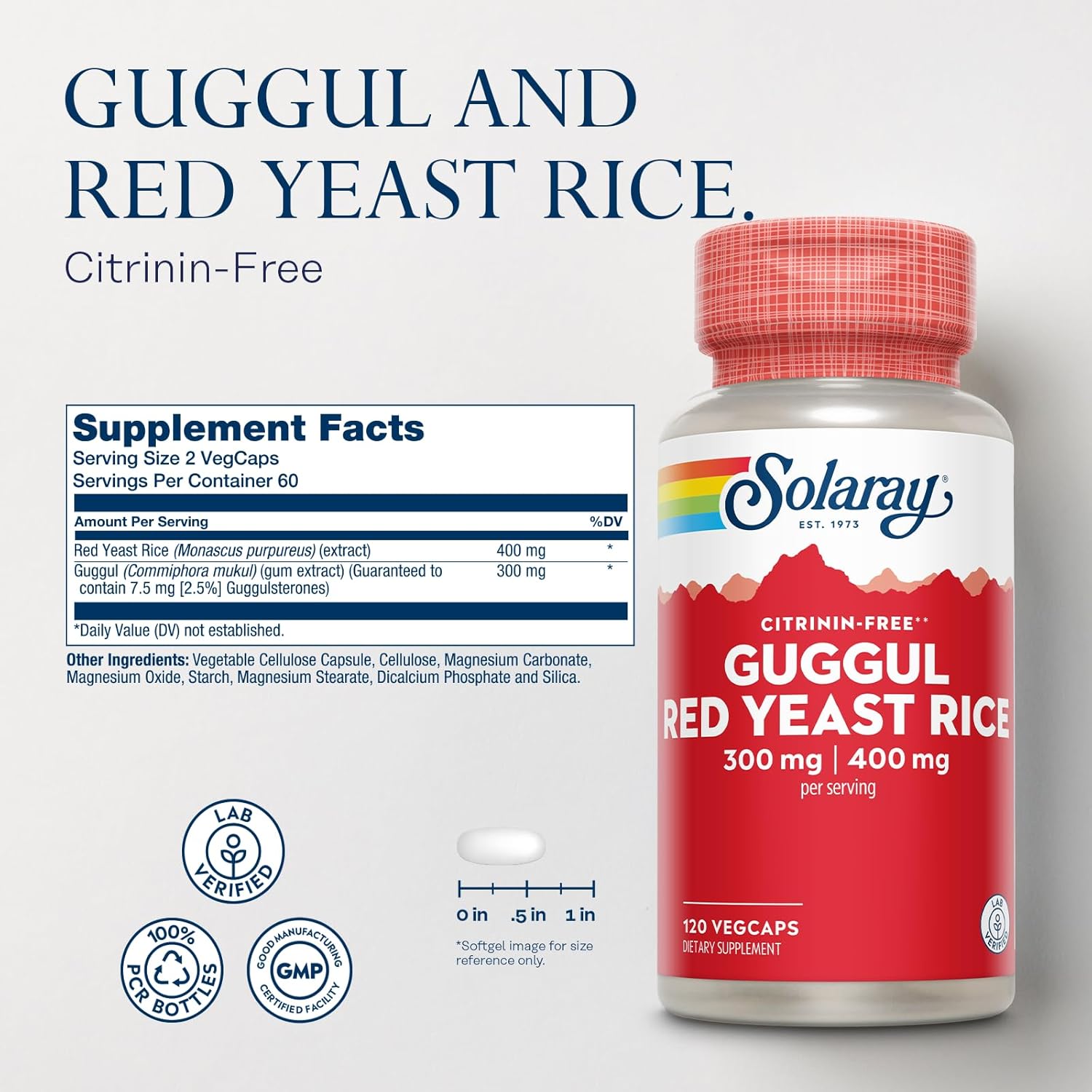 Solaray Guggul Gum Extract & Red Yeast Rice - Cardiovascular Support Supplement - Lab Verified - 60 Servings, 120 VegCaps
