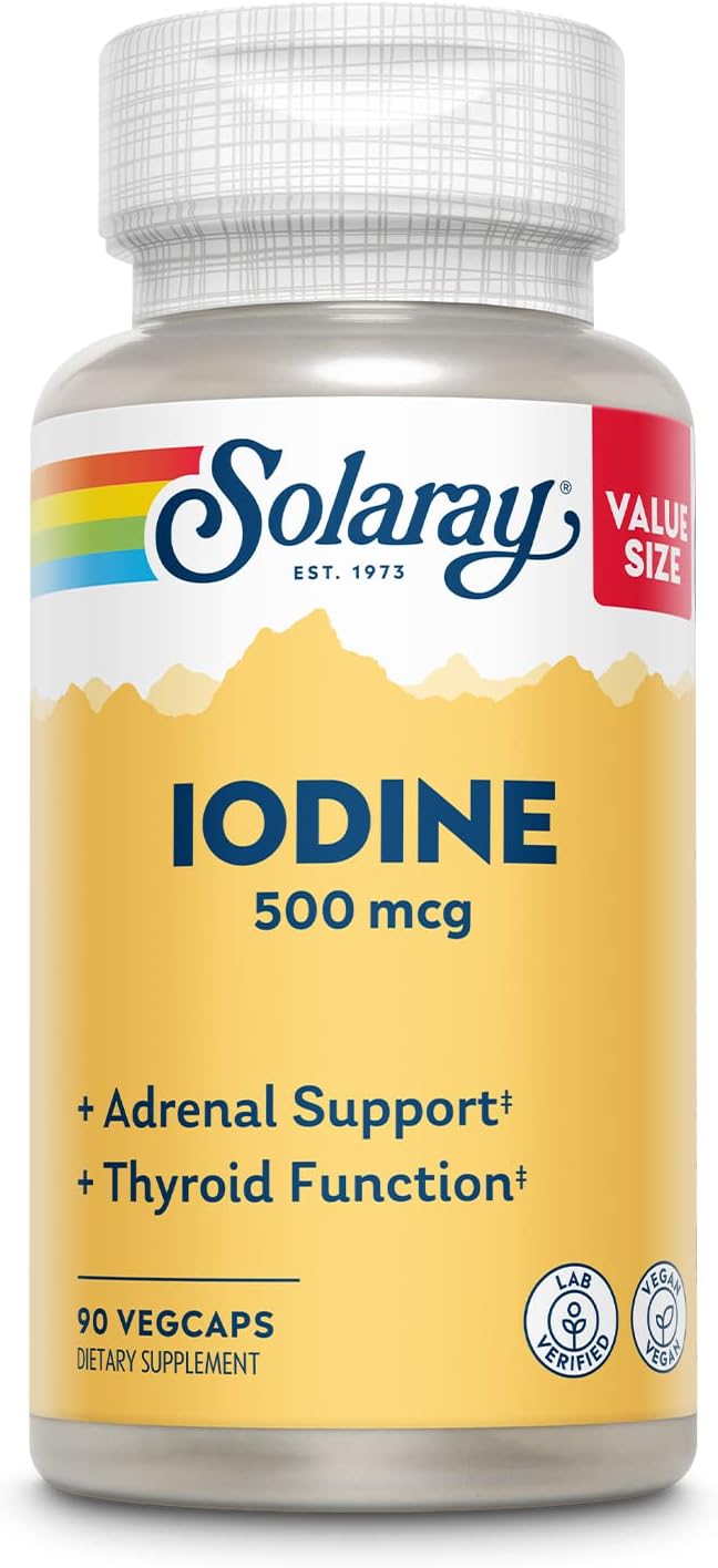 Solaray Iodine 500 mcg Supplement for Adrenal & Thyroid Support - Boost Energy & Metabolism - Potassium Iodide - Vegan - 90 VegCaps - 60-Day Guarantee