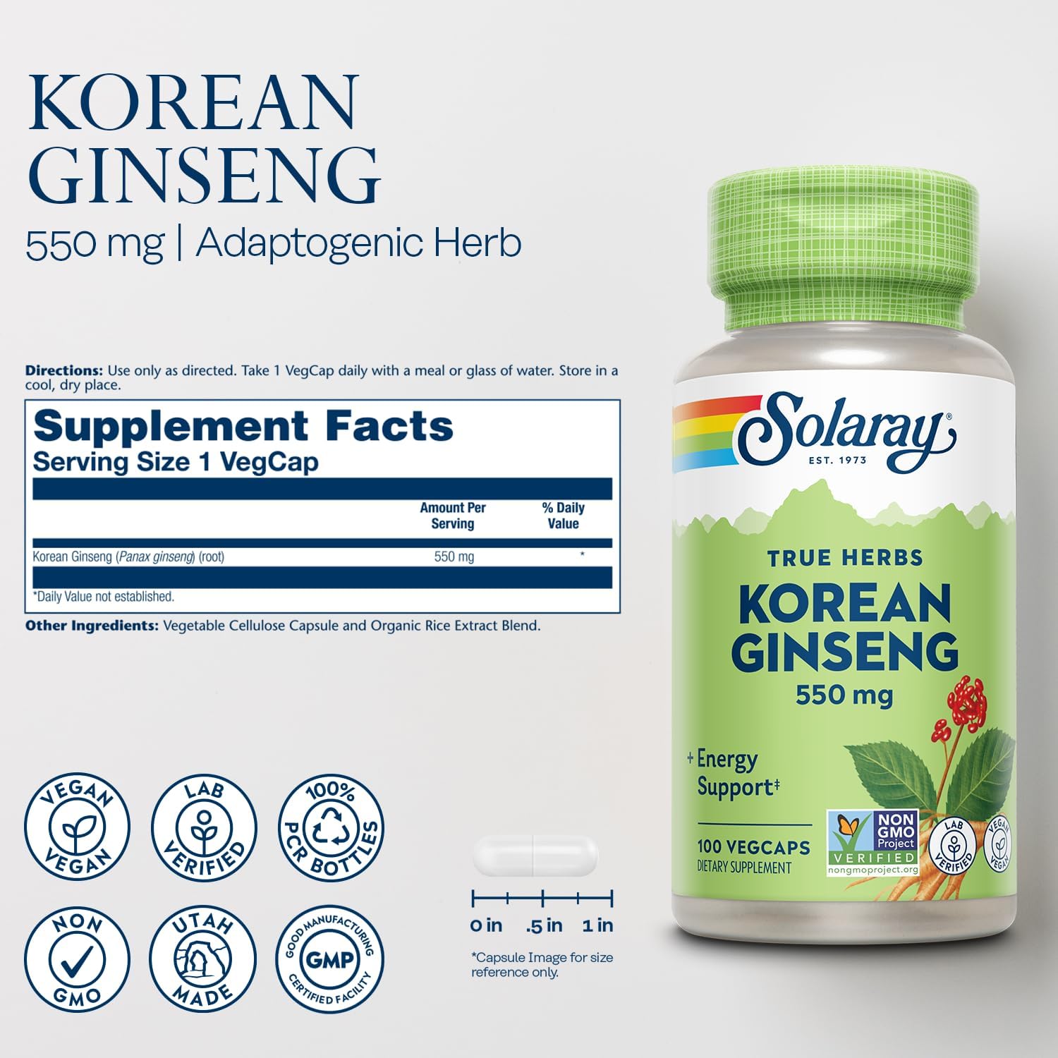 Solaray Korean Ginseng 550 mg Capsules - Natural Energy and Endurance Support - Non-GMO, Vegan Formula - 100 Servings