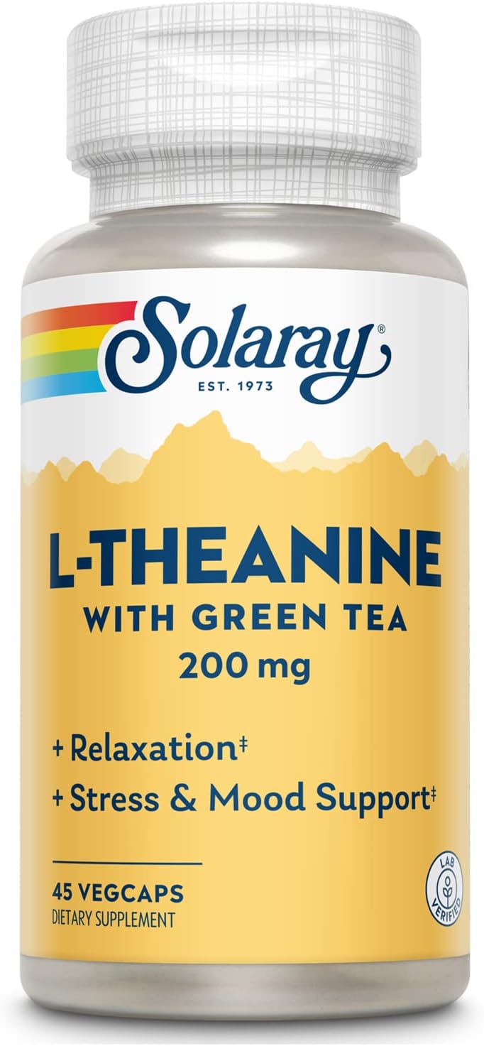 Solaray L-Theanine Supplement with 45 Vegetarian Capsules, 200 mg per Capsule, Enhanced with 100 mg Green Tea Leaf Extract