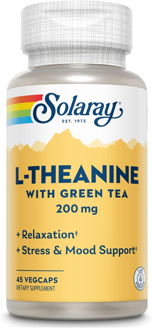 Solaray L-Theanine Supplement with 45 Vegetarian Capsules, 200 mg per Capsule, Enhanced with 100 mg Green Tea Leaf Extract
