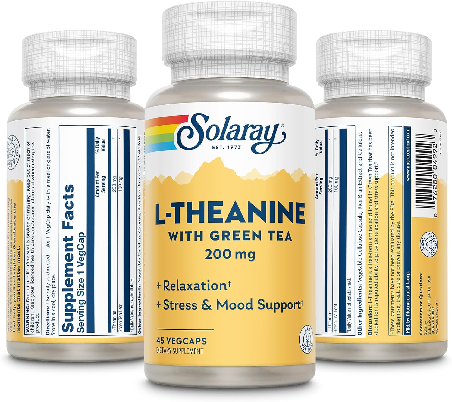 Solaray L-Theanine Supplement with 45 Vegetarian Capsules, 200 mg per Capsule, Enhanced with 100 mg Green Tea Leaf Extract