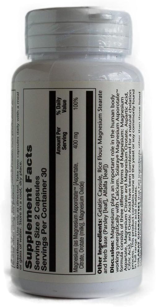 Solaray Magnesium Asporotate 400mg Supplement - 60 Vegetarian Capsules