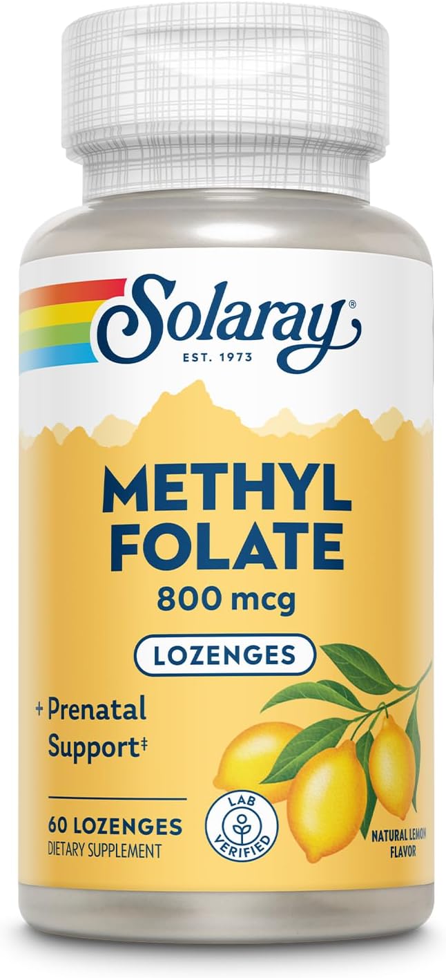 Solaray Methyl Folate 800 mcg with 5-MTHF Prenatal Vitamins - Natural Lemon Flavor - Lab Verified - 60 Servings, 60 Lozenges