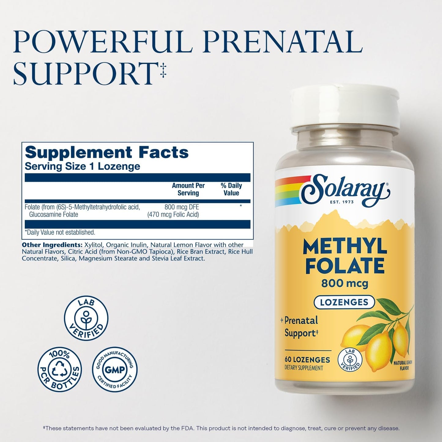 Solaray Methyl Folate 800 mcg with 5-MTHF Prenatal Vitamins - Natural Lemon Flavor - Lab Verified - 60 Servings, 60 Lozenges