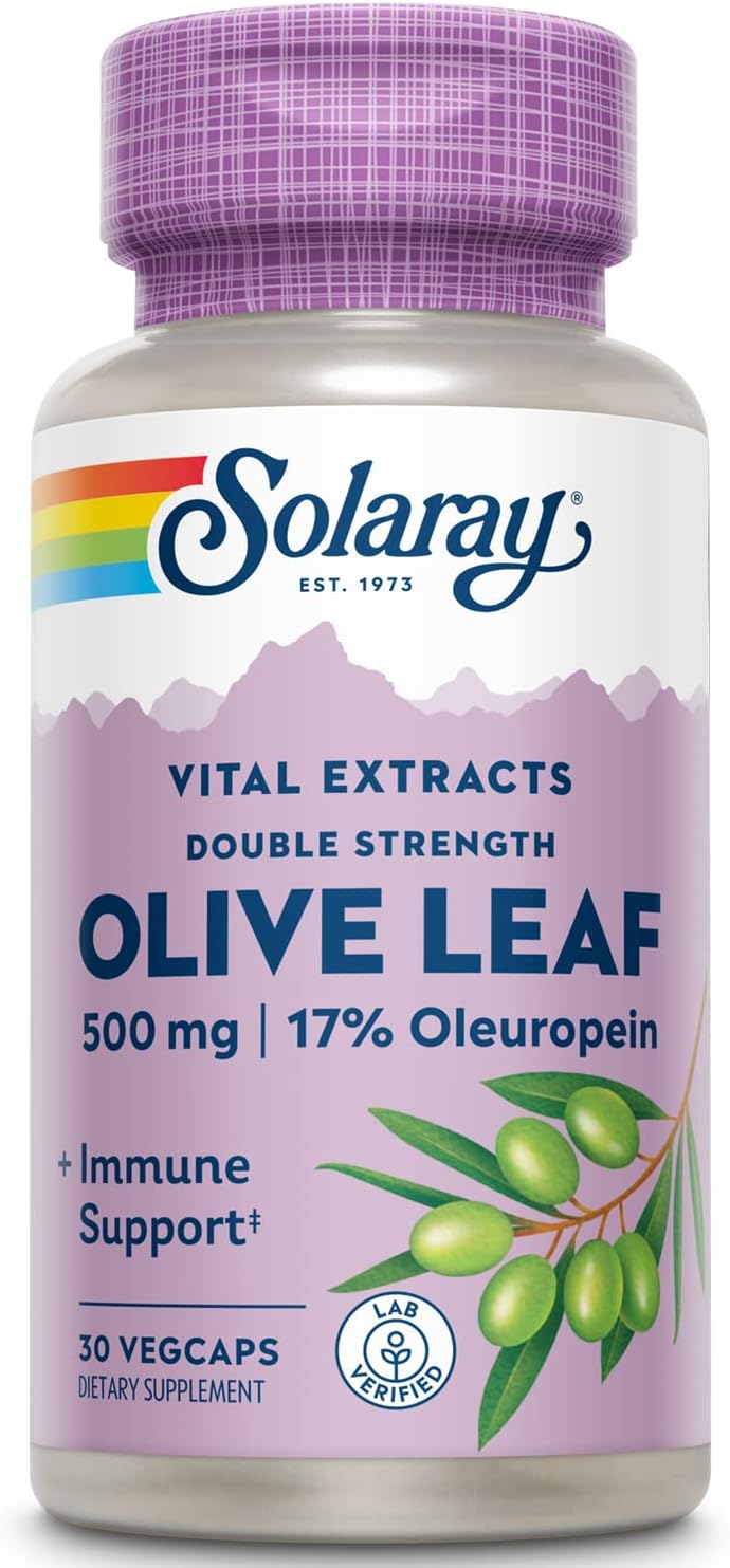 Solaray Olive Leaf Extract 500mg Double Strength Veg Capsules - 30 Count Bottle - Guaranteed Potency - Plastic Bottle