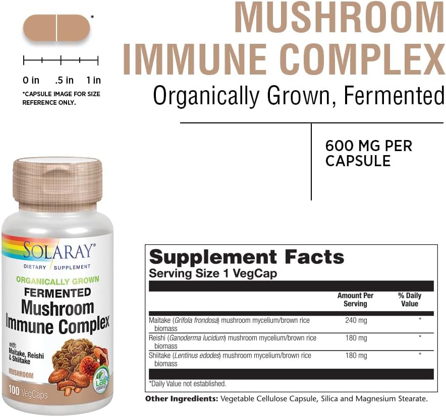 Solaray Organically Grown Fermented Mushroom Immune Complex 600 mg Capsules for Optimal Immune Support with 100 VegCaps