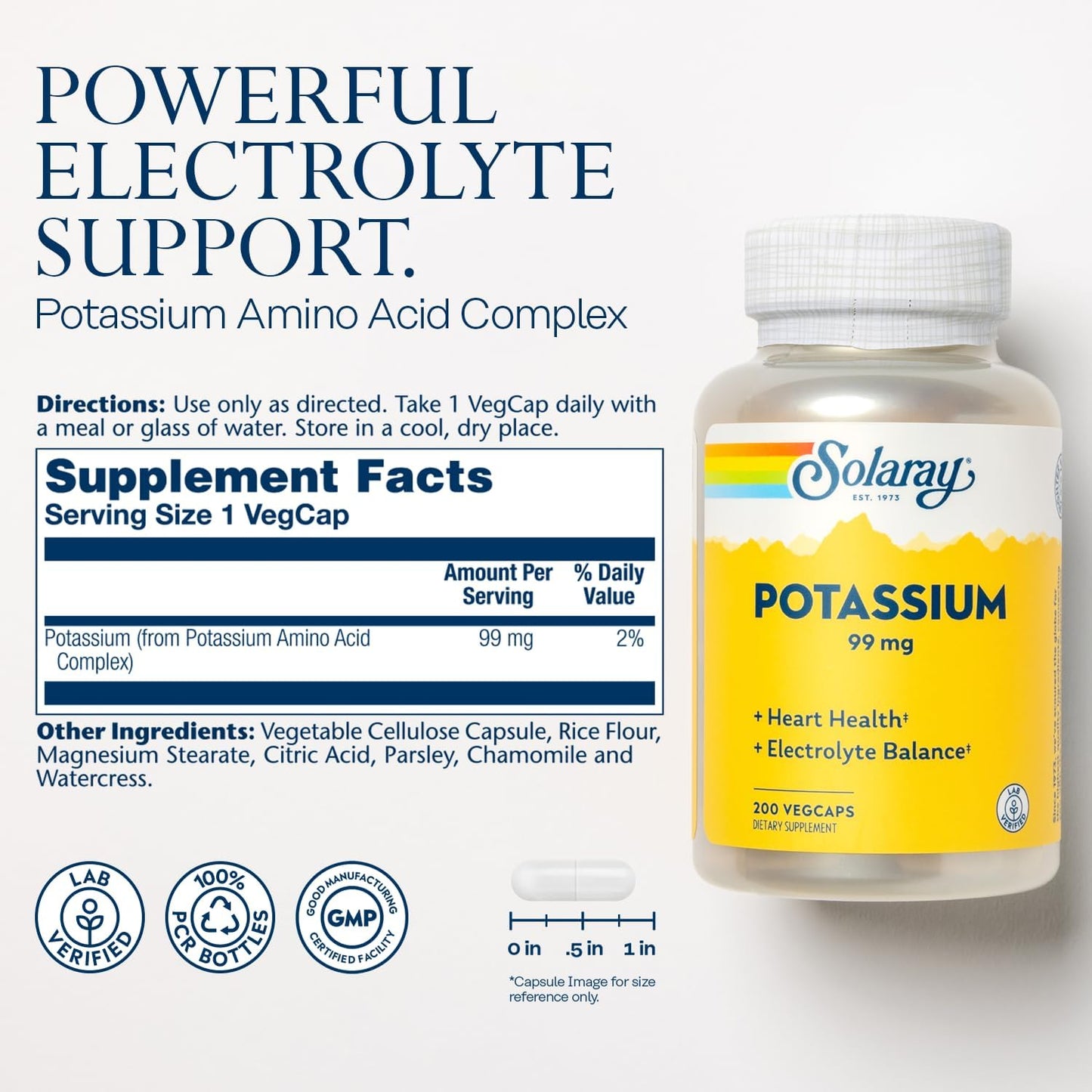 Solaray Potassium 99 mg - Electrolyte Balance Formula - Potassium Supplement for Heart & Vascular Health - 200 VegCaps, 60-Day Guarantee