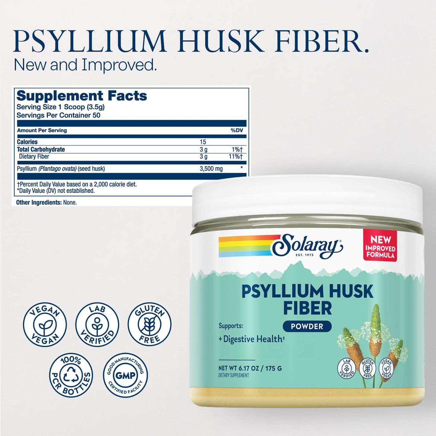 SOLARAY Psyllium Husk Powder: Digestive Health Supplement, 3g Soluble Fiber, Gluten-Free, Soy-Free - 6.17 oz, 50 Servings