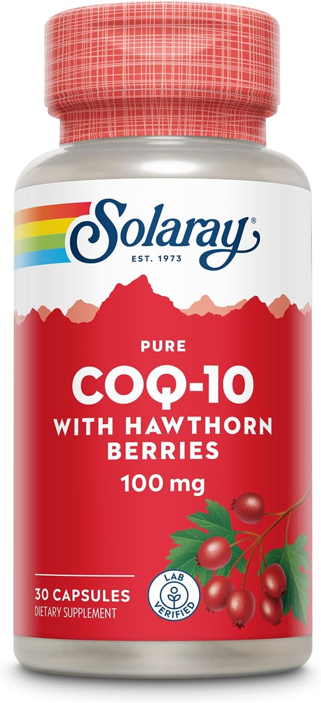 Solaray Pure CoQ10 100mg with Hawthorn Berry, Antioxidant Formula for Cellular Energy and Heart Health, 30 Capsules