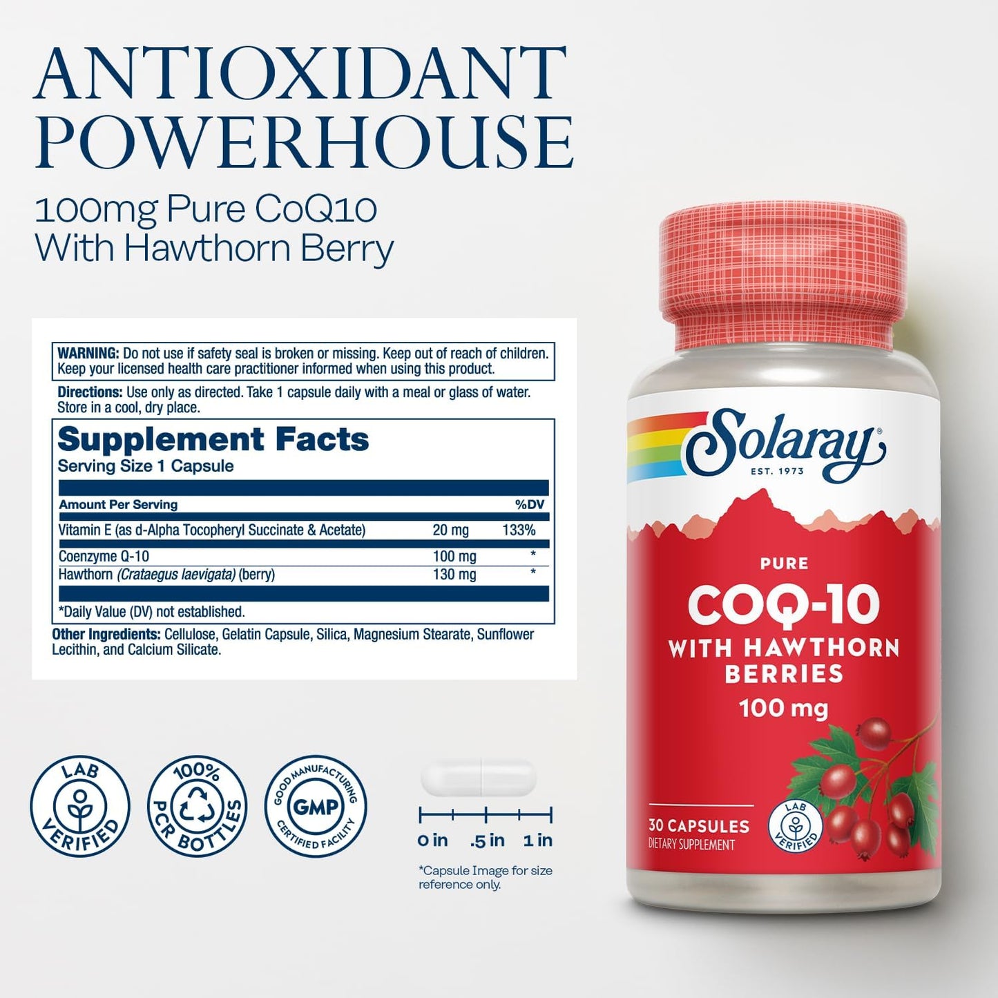 Solaray Pure CoQ10 100mg with Hawthorn Berry, Antioxidant Formula for Cellular Energy and Heart Health, 30 Capsules