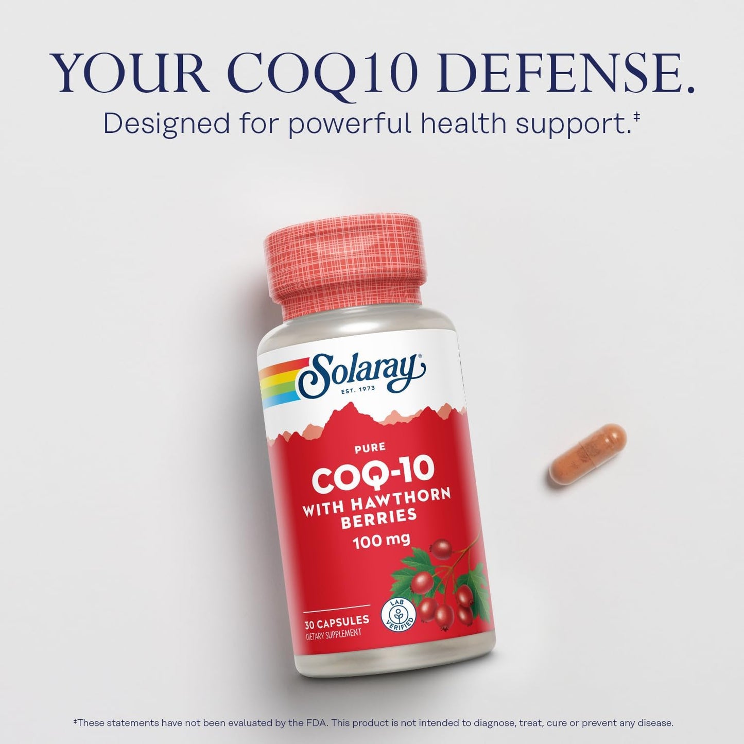 Solaray Pure CoQ10 100mg with Hawthorn Berry, Antioxidant Formula for Cellular Energy and Heart Health, 30 Capsules