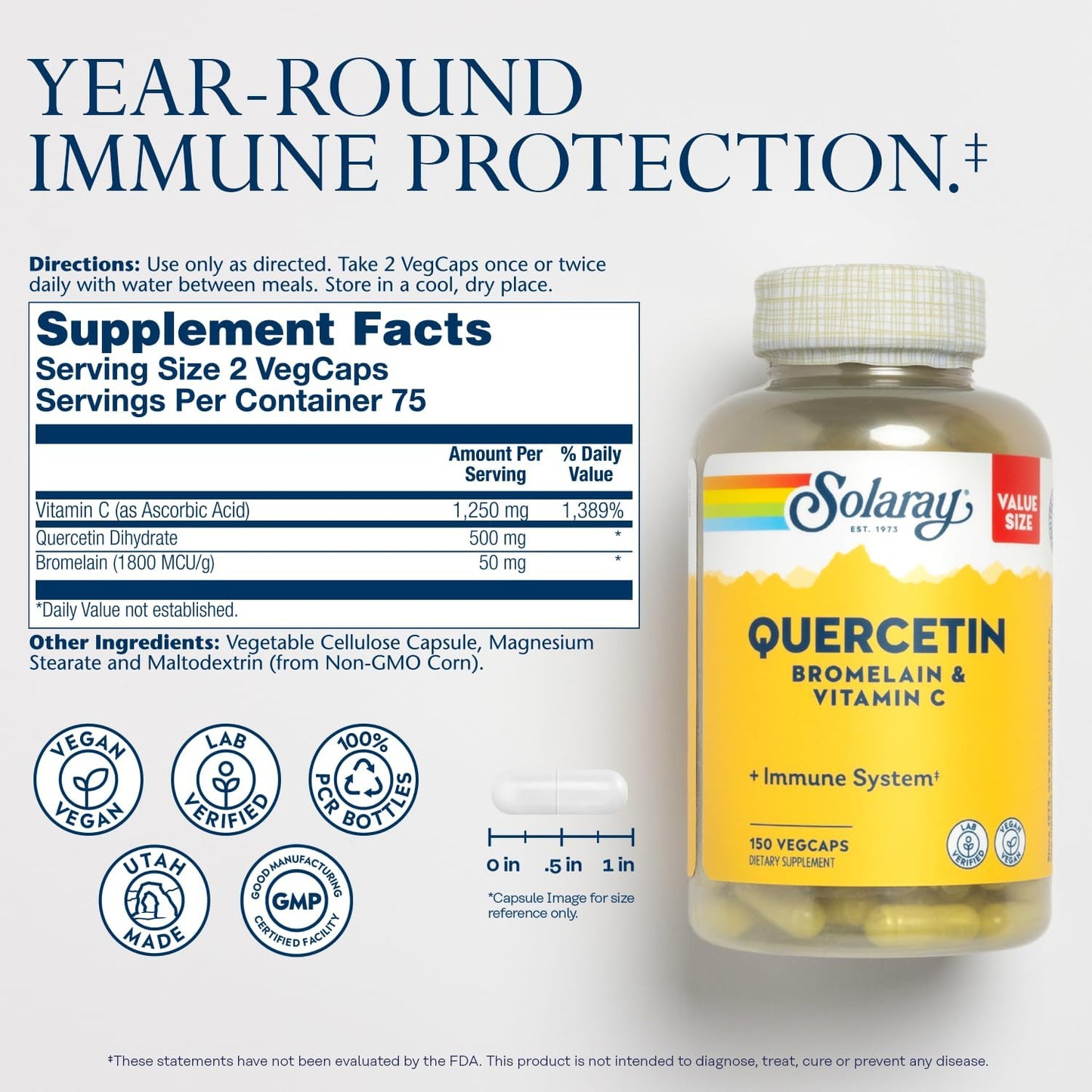 Solaray Quercetin Bromelain & Vitamin C Capsules - Immune, Sinus & Respiratory Support - Vegan Antioxidant Formula - 75 Servings