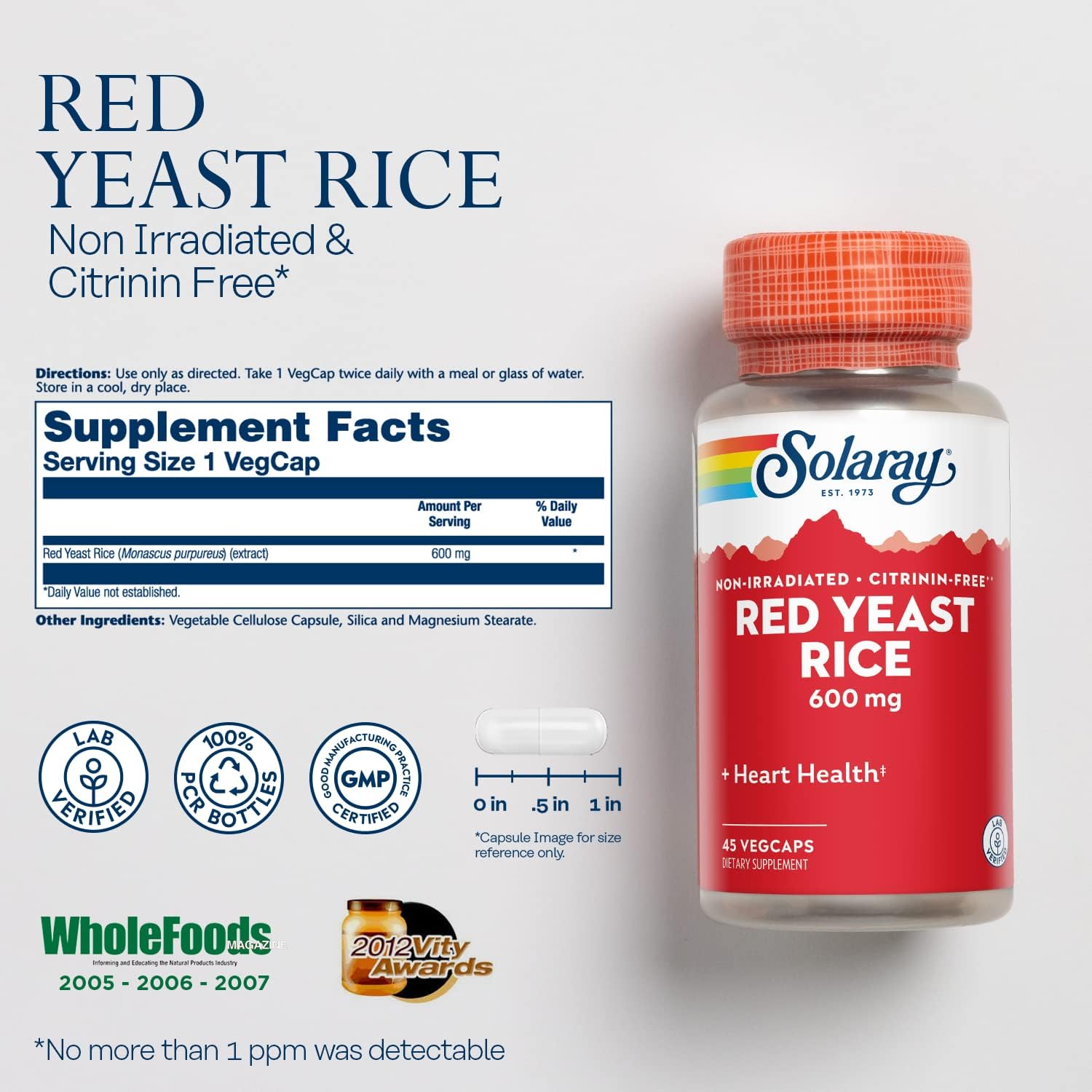 Solaray Red Yeast Rice Capsules - 600mg, 45 Capsules - Supports Healthy Cholesterol Levels