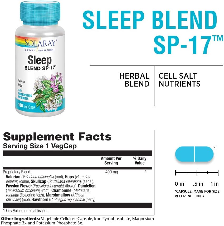 Solaray Sleep Blend SP-17 | Herbal Formula with Cell Salt Nutrients for Restful Sleep | Non-GMO, Vegan | 100 VegCaps