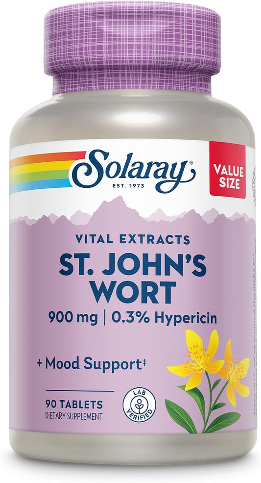 Solaray St. Johns Wort Aerial Extract 900mg Capsules - Mood Stability Supplement with Hypericin - Non-GMO - 90 Tablets