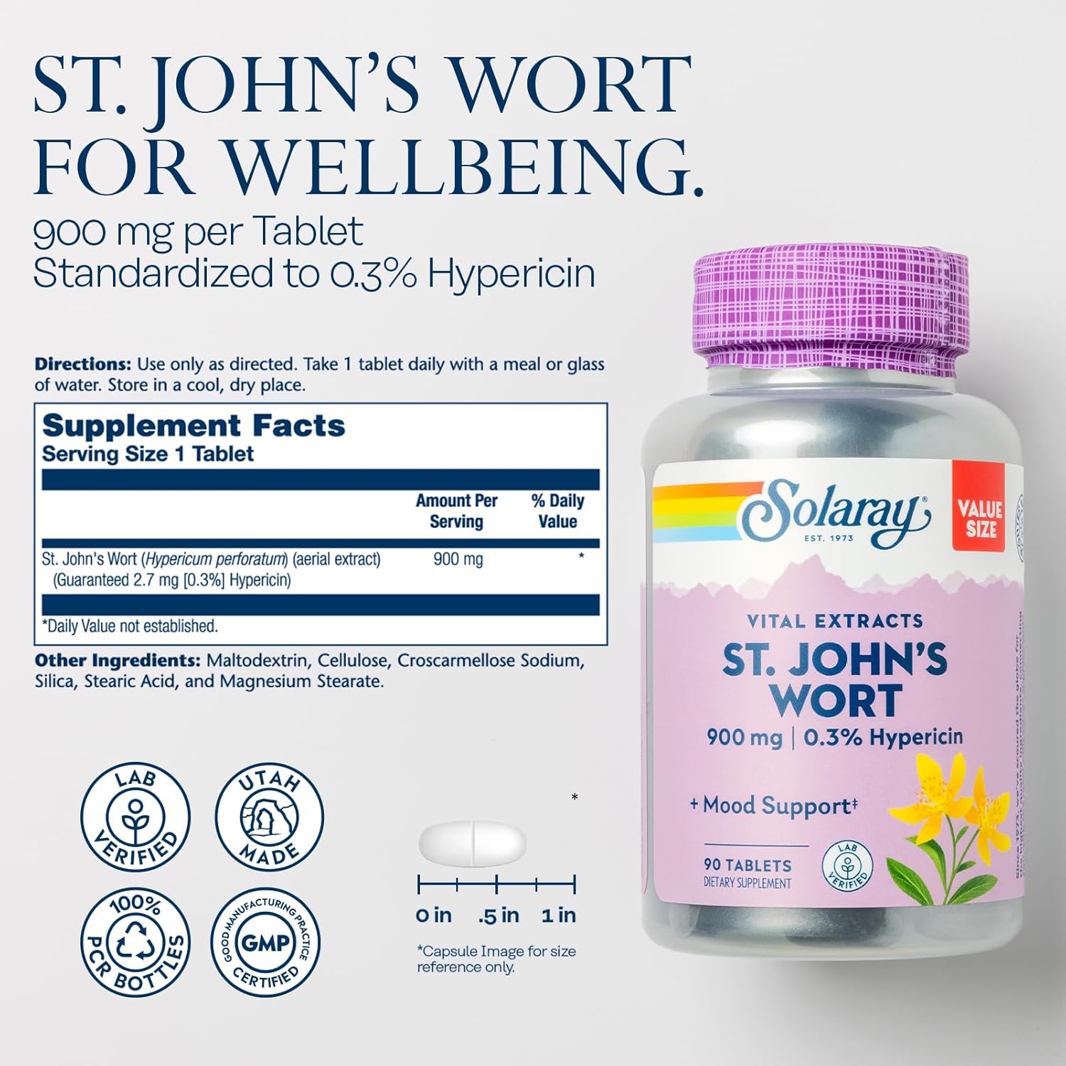 Solaray St. Johns Wort Aerial Extract 900mg Capsules - Mood Stability Supplement with Hypericin - Non-GMO - 90 Tablets