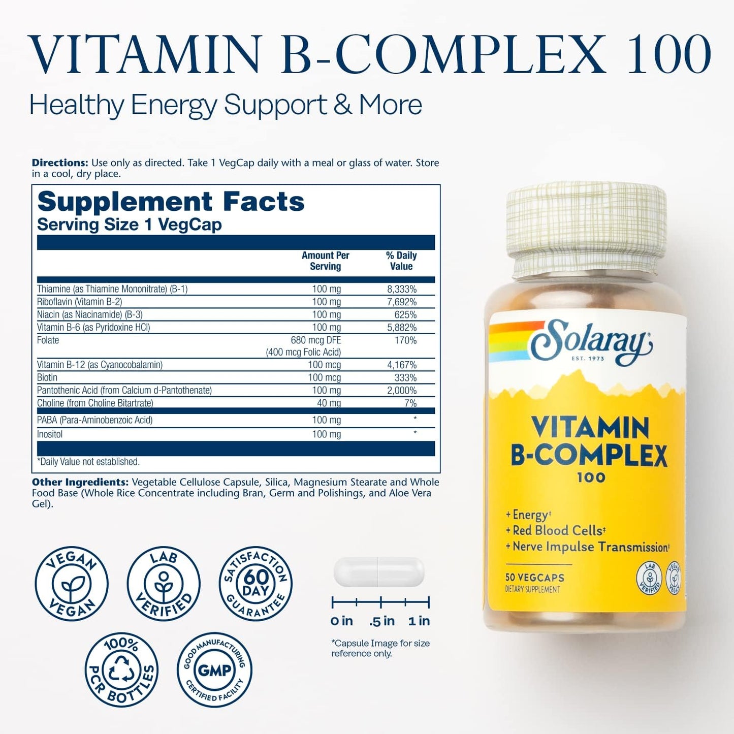 Solaray Super B Complex Vitamins 100mg - Energy & Immune Support - Vegan - 50ct