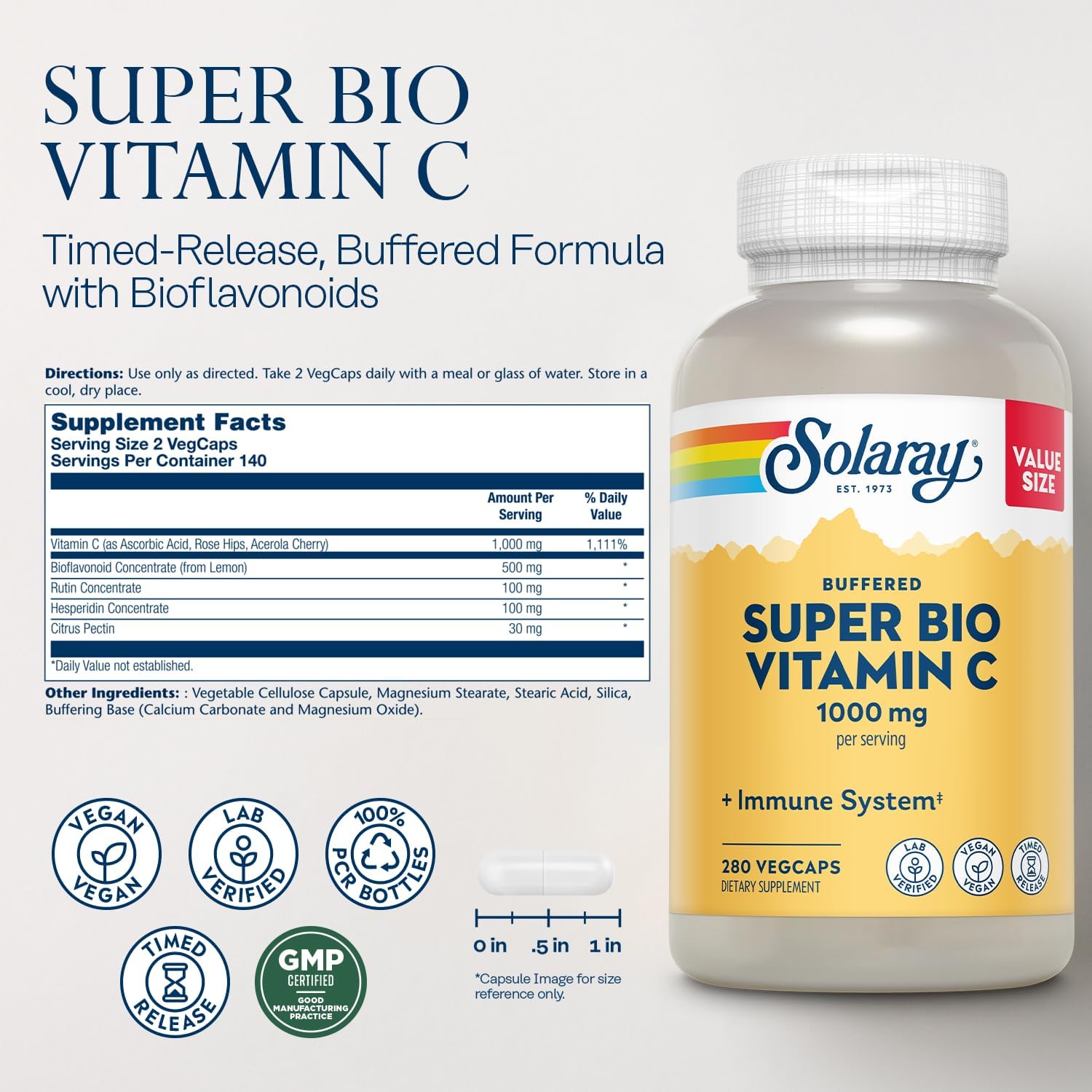 Solaray Super Bio Buffered Vitamin C 1000mg with Bioflavonoids - Immune Support, Vegan, Two-Stage Release, High Absorption - 360 VegCaps 140