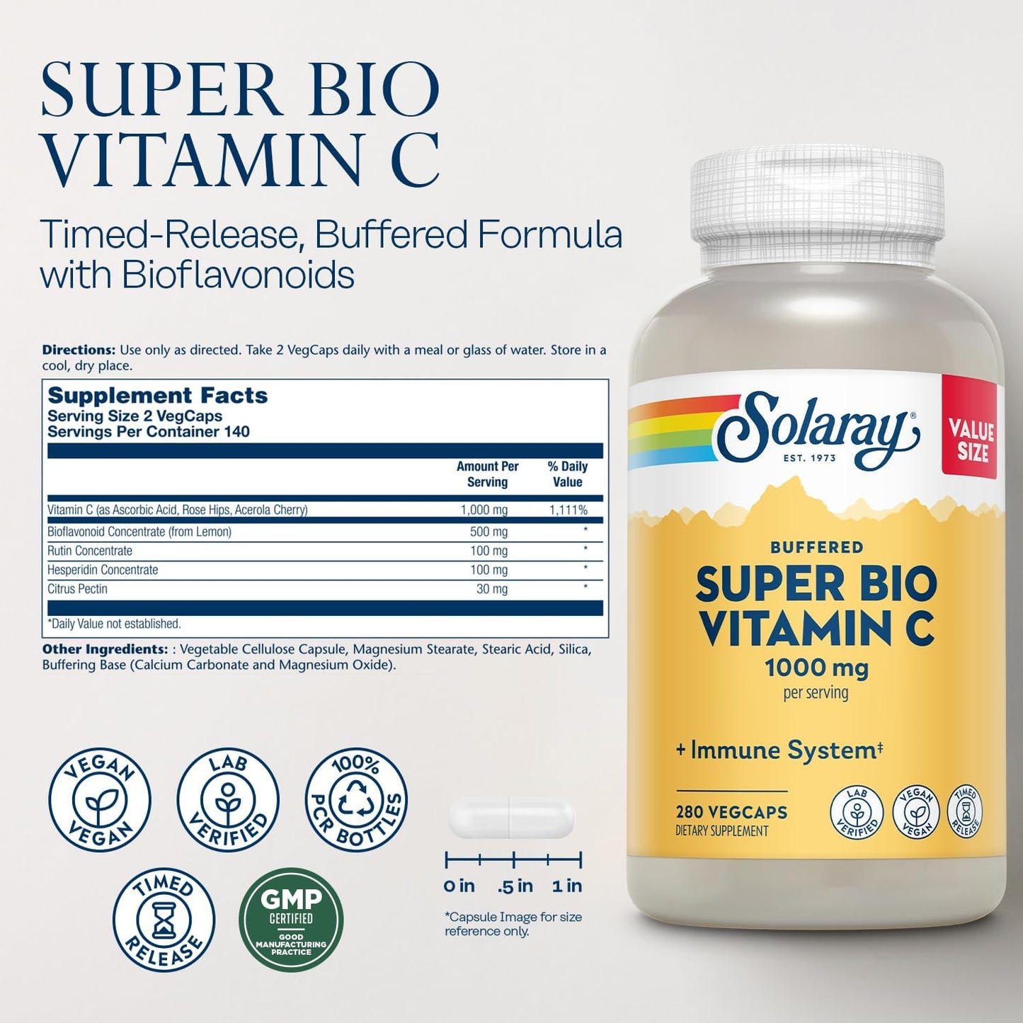 Solaray Super Bio Buffered Vitamin C 1000mg with Bioflavonoids - Immune Support, Vegan, Two-Stage Release, High Absorption - 360 VegCaps 140