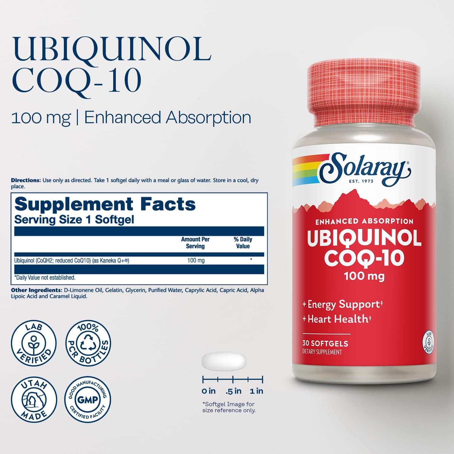 Solaray Ubiquinol CoQ-10 100 mg Softgels for Energy and Heart Health - CoQH2, Enhanced Absorption Formula - 30 Servings, 60-Day Guarantee