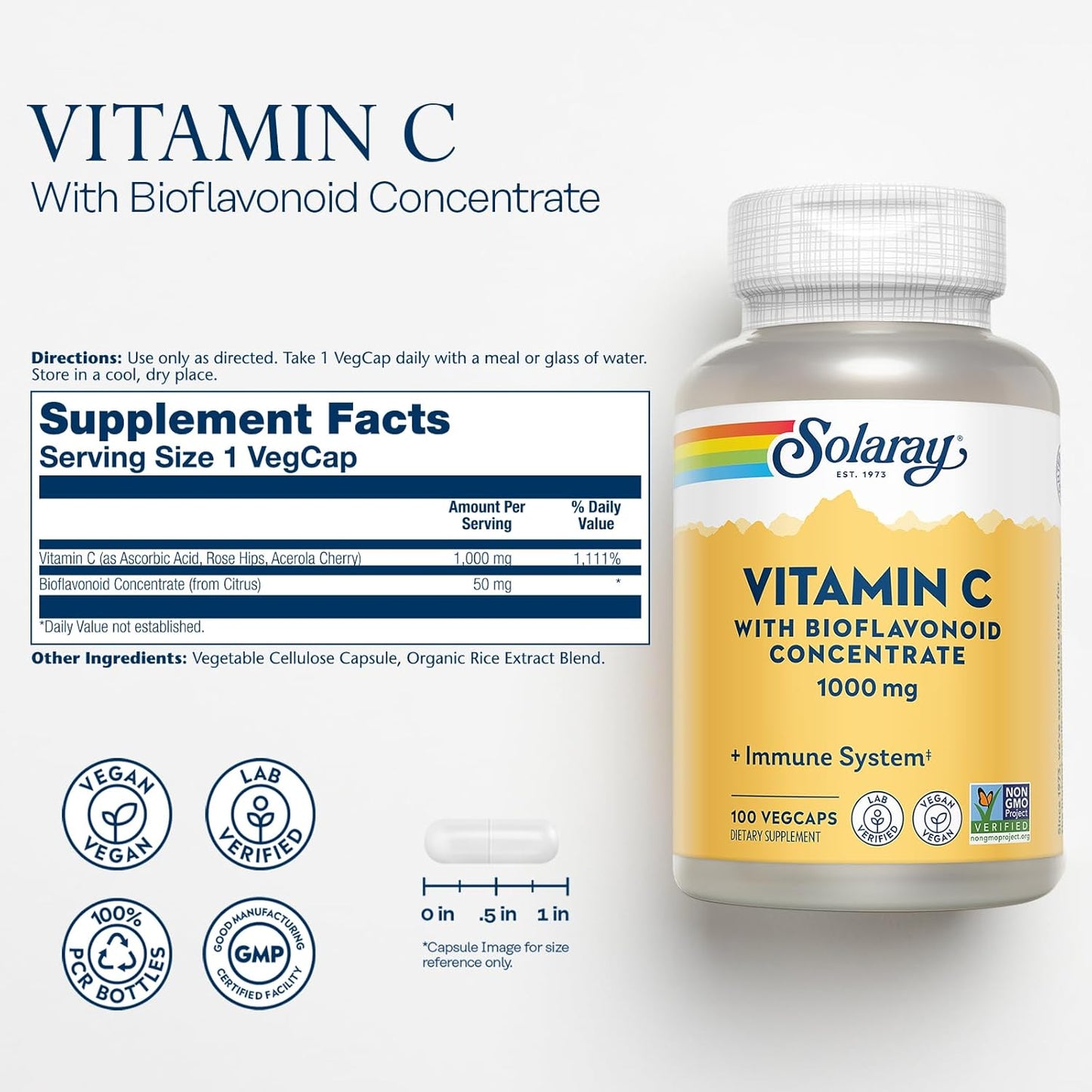 Solaray Vitamin C Bioflavonoid Concentrate 1000mg - Immune Support, Skin Hair Nails - Vegan, 100 Servings