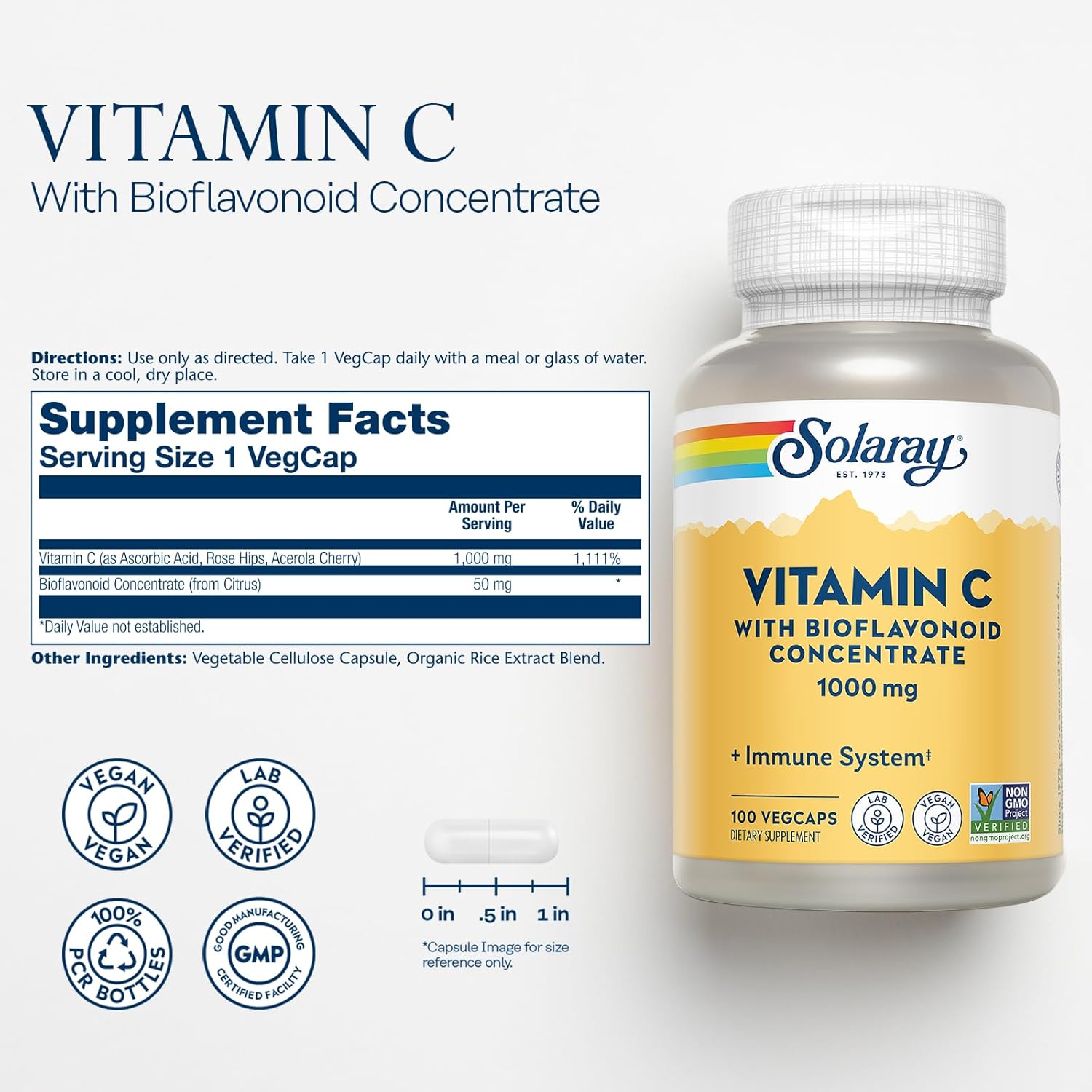 Solaray Vitamin C Bioflavonoid Concentrate 1000mg - Immune Support, Skin Hair Nails - Vegan, 100 Servings