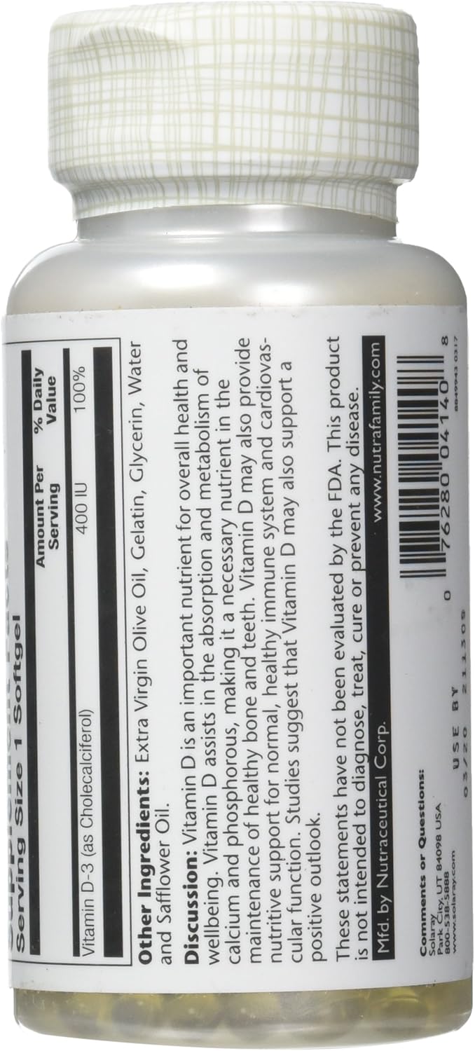 Solaray Vitamin D-3-400 IU Softgels - 120 Count Bottle