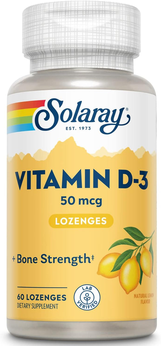 Solaray Vitamin D3 Lozenges 50mcg - 2000IU D3 Vitamin for Bone, Muscle, and Immune Health - Natural Lemon Flavor - Lab Verified - 60 Lozenges, 60 Servings