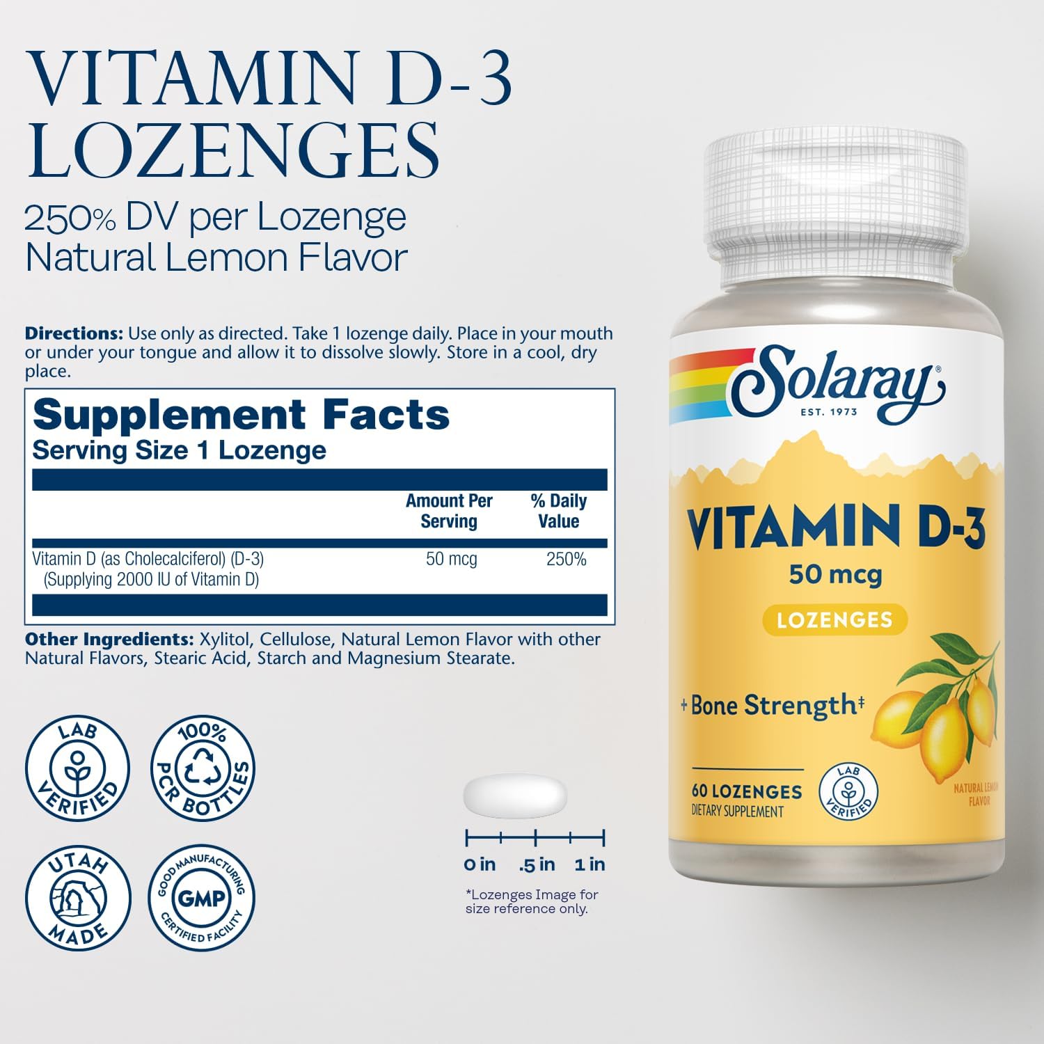 Solaray Vitamin D3 Lozenges 50mcg - 2000IU D3 Vitamin for Bone, Muscle, and Immune Health - Natural Lemon Flavor - Lab Verified - 60 Lozenges, 60 Servings