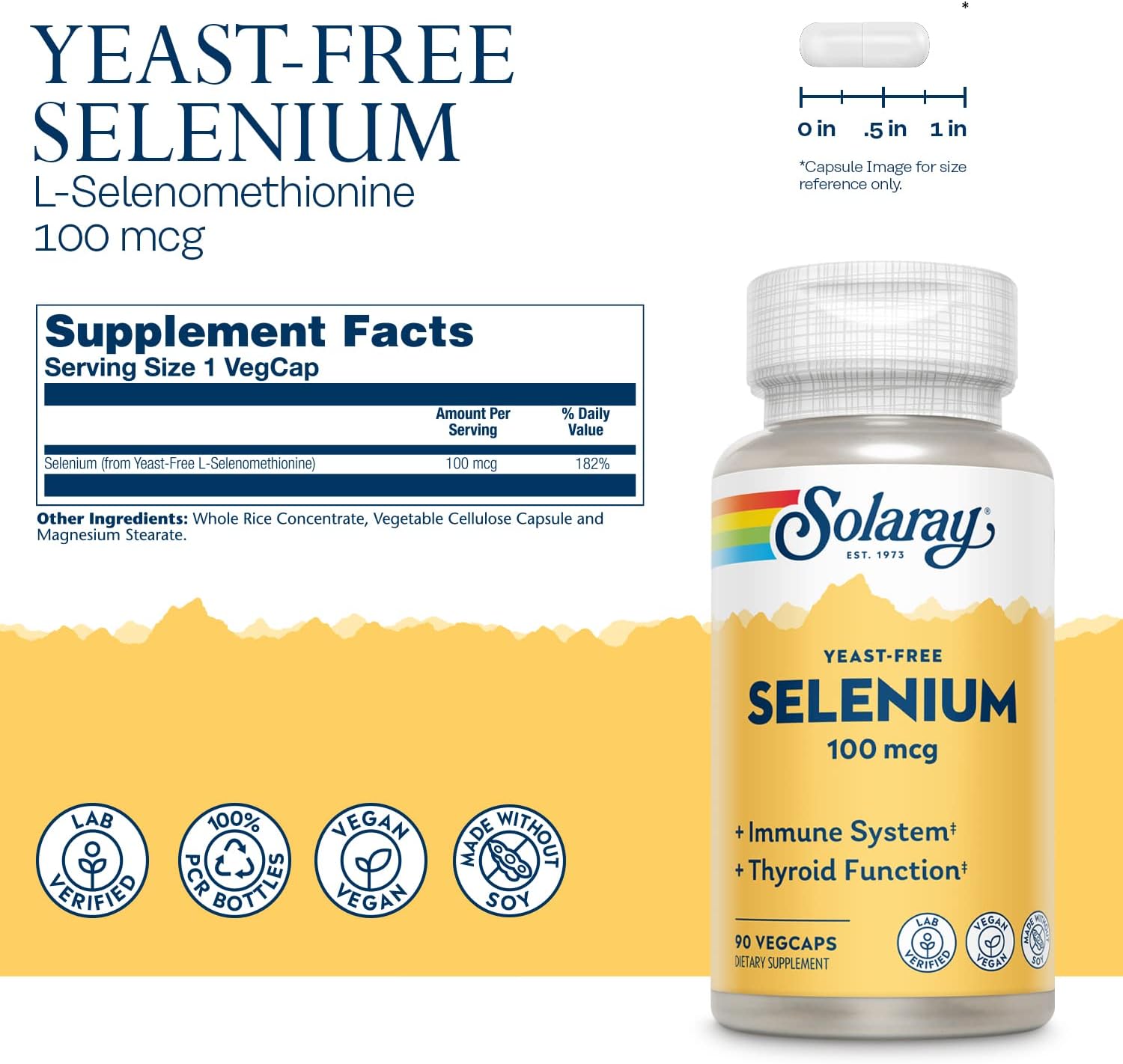 Solaray Yeast Free Selenium 100mcg Capsules for Immune & Thyroid Support - 90 Servings, Enhanced Absorption