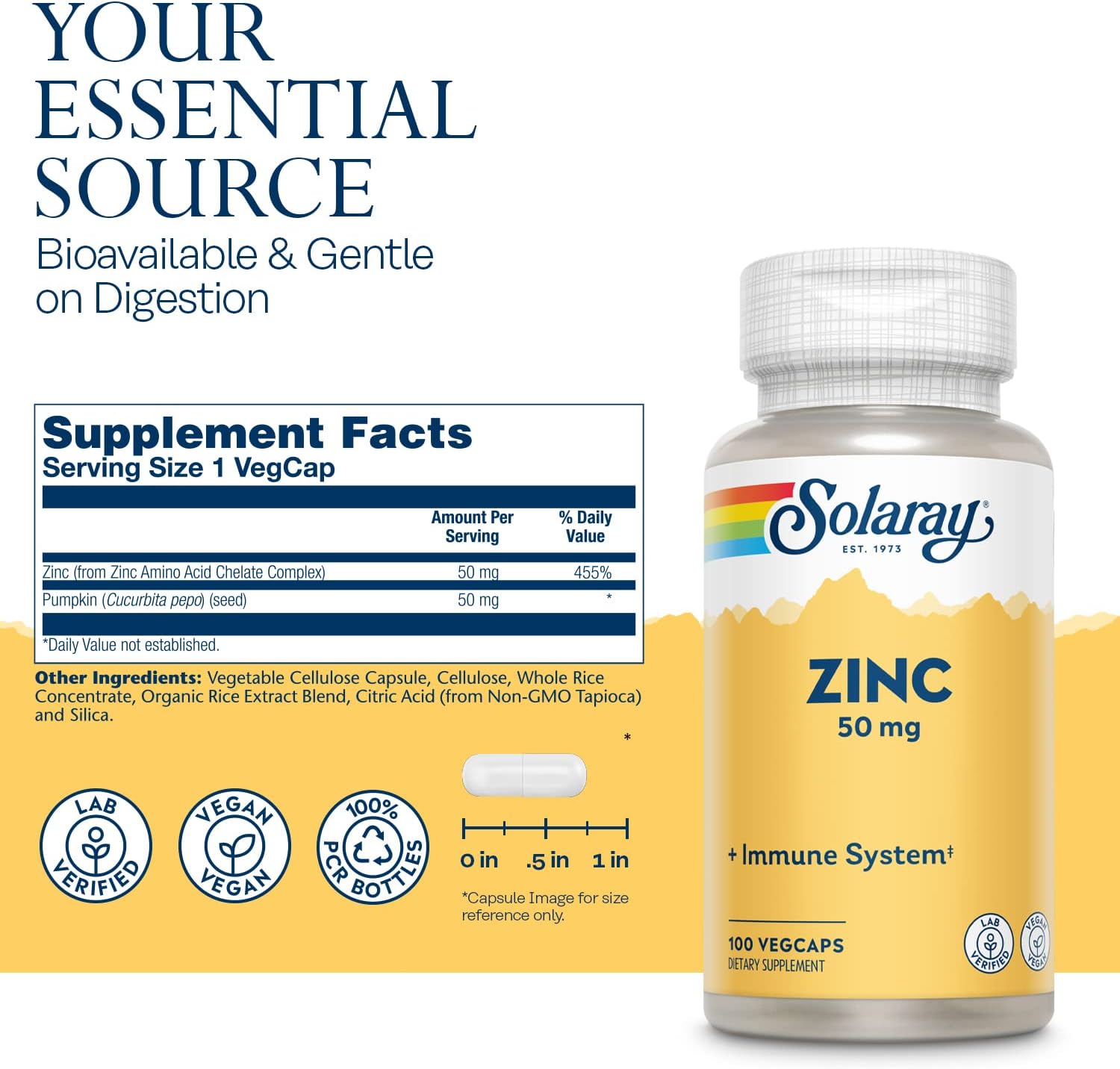 Solaray Zinc 50mg - 100 Veg Capsules, Pack of 3