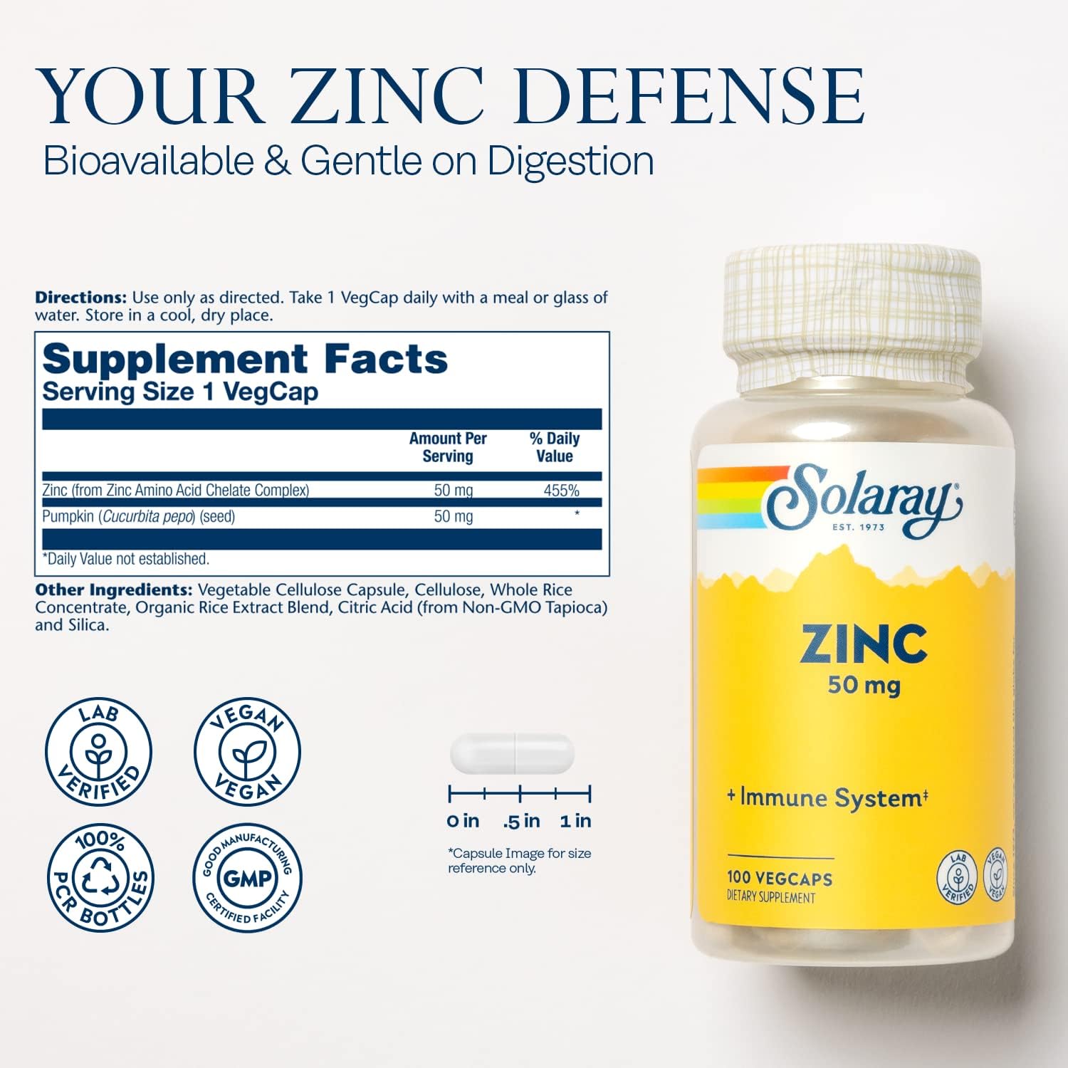 Solaray Zinc 50mg Capsules - Vegan Immune Support Supplement with Pumpkin Seed Extract - 100 Count