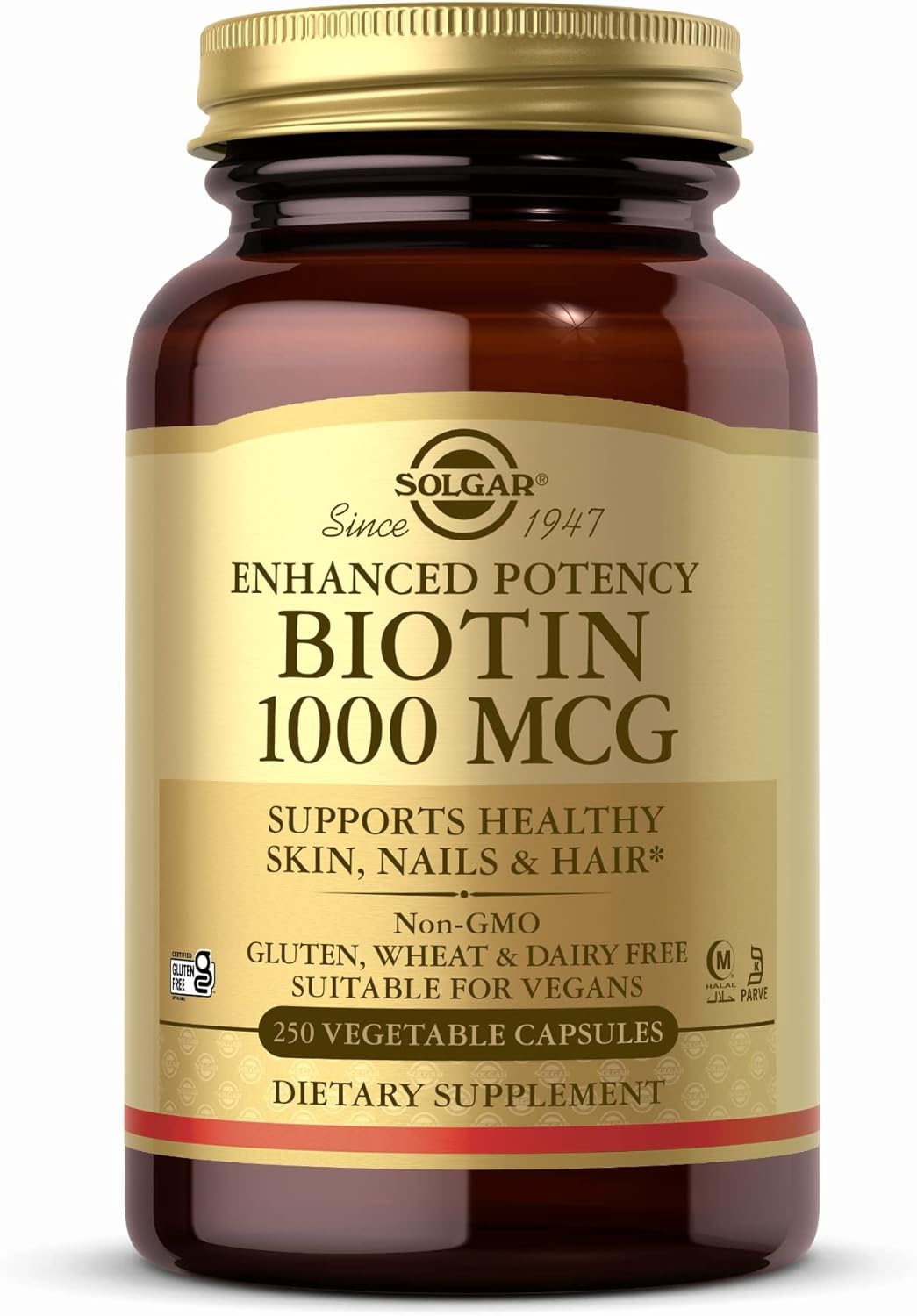 Solgar Biotin 1000 mcg Capsules - 250 ct - Promotes Healthy Skin, Nails, and Hair - Non-GMO, Vegan, Gluten-Free, Dairy-Free - 250 Servings