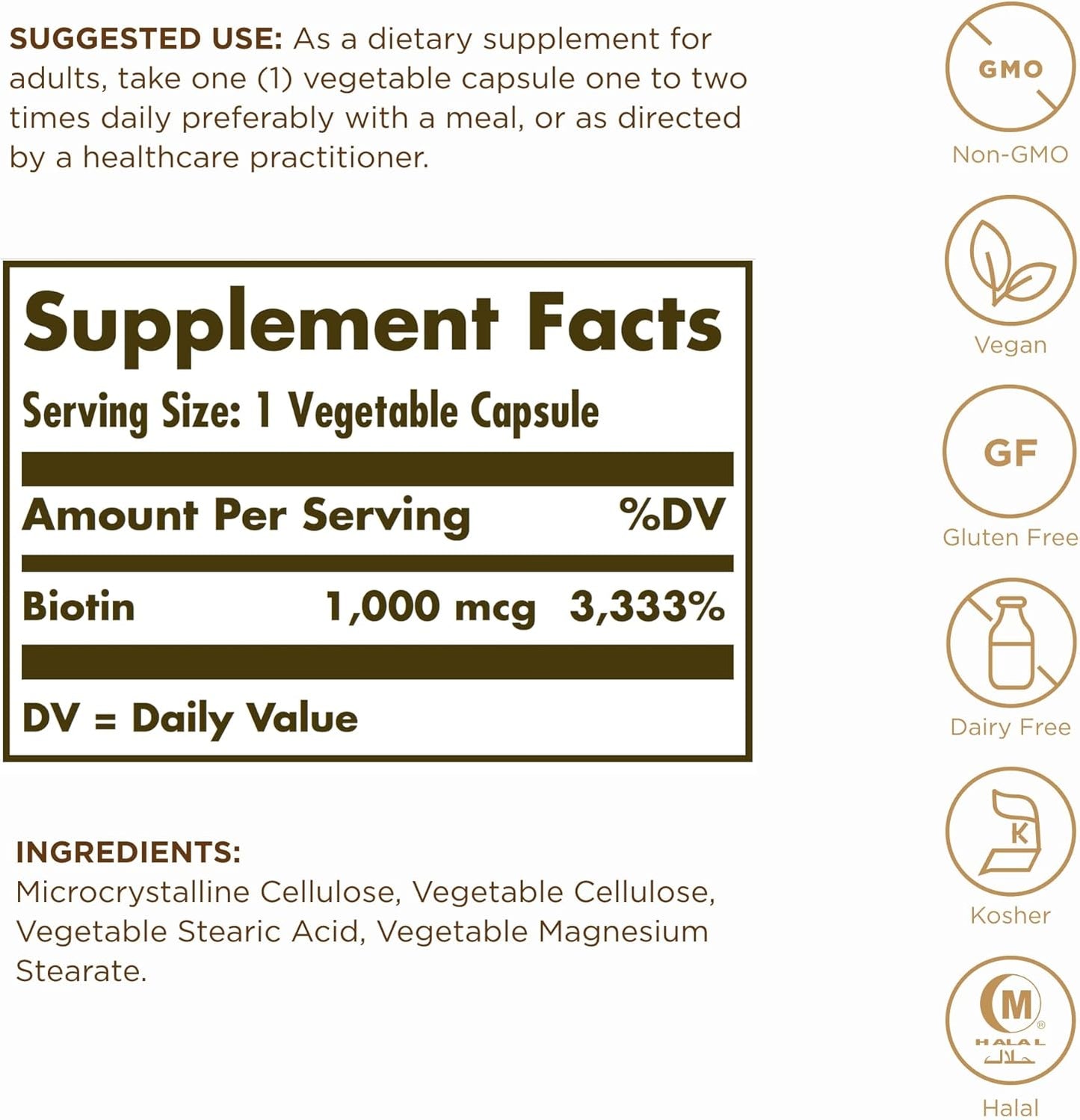 Solgar Biotin 1000 mcg Capsules - 250 ct - Promotes Healthy Skin, Nails, and Hair - Non-GMO, Vegan, Gluten-Free, Dairy-Free - 250 Servings