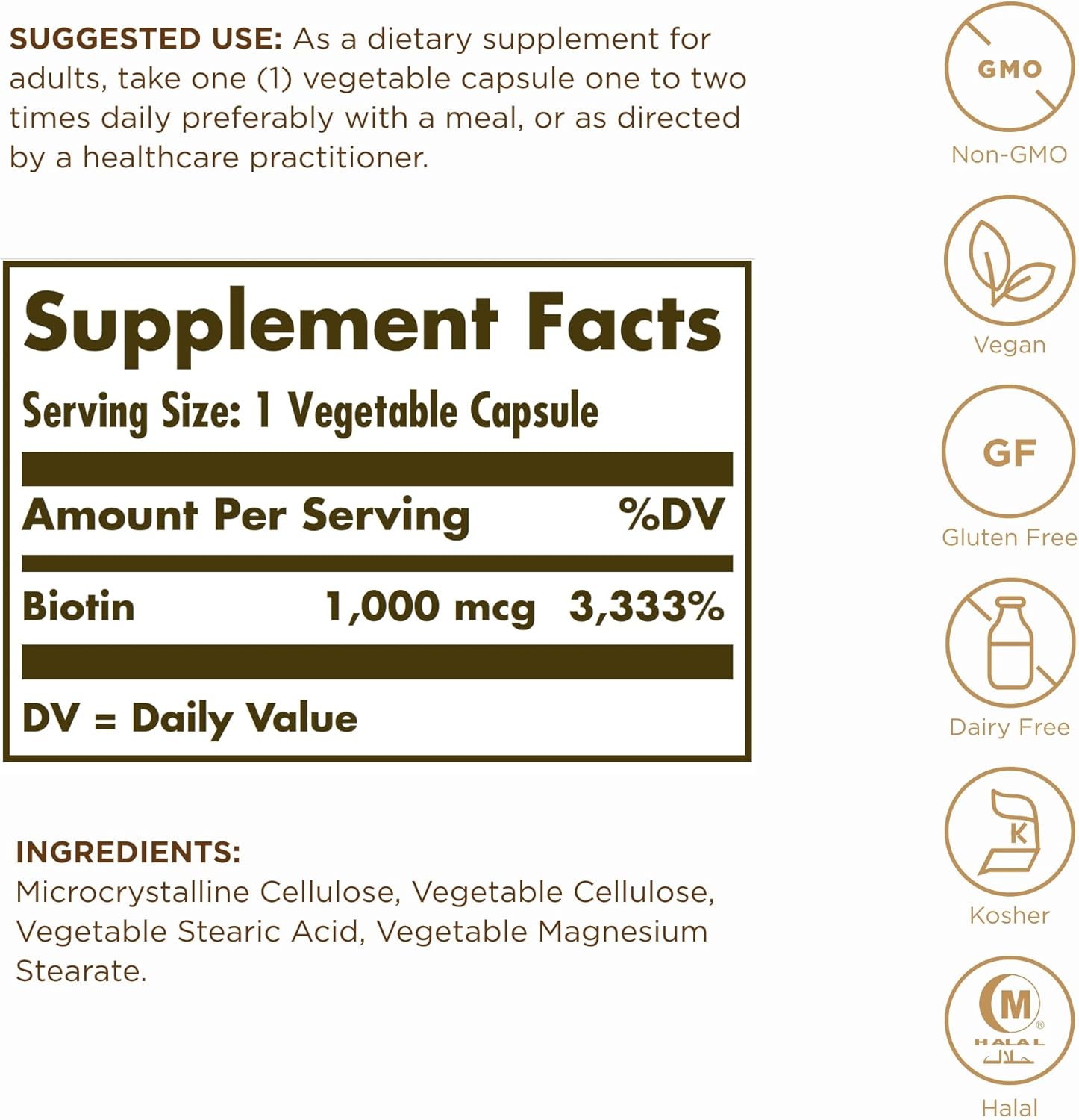 Solgar Biotin 1000 mcg Capsules - 250 ct - Promotes Healthy Skin, Nails, and Hair - Non-GMO, Vegan, Gluten-Free, Dairy-Free - 250 Servings