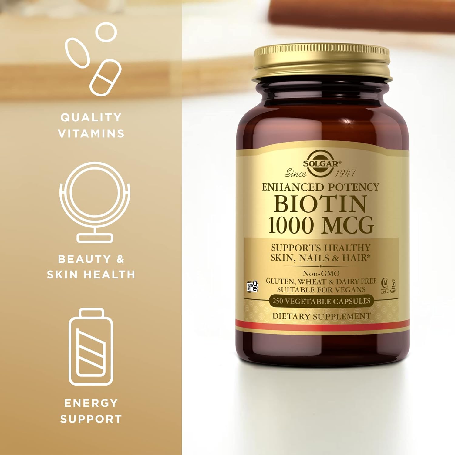 Solgar Biotin 1000 mcg Capsules - 250 ct - Promotes Healthy Skin, Nails, and Hair - Non-GMO, Vegan, Gluten-Free, Dairy-Free - 250 Servings