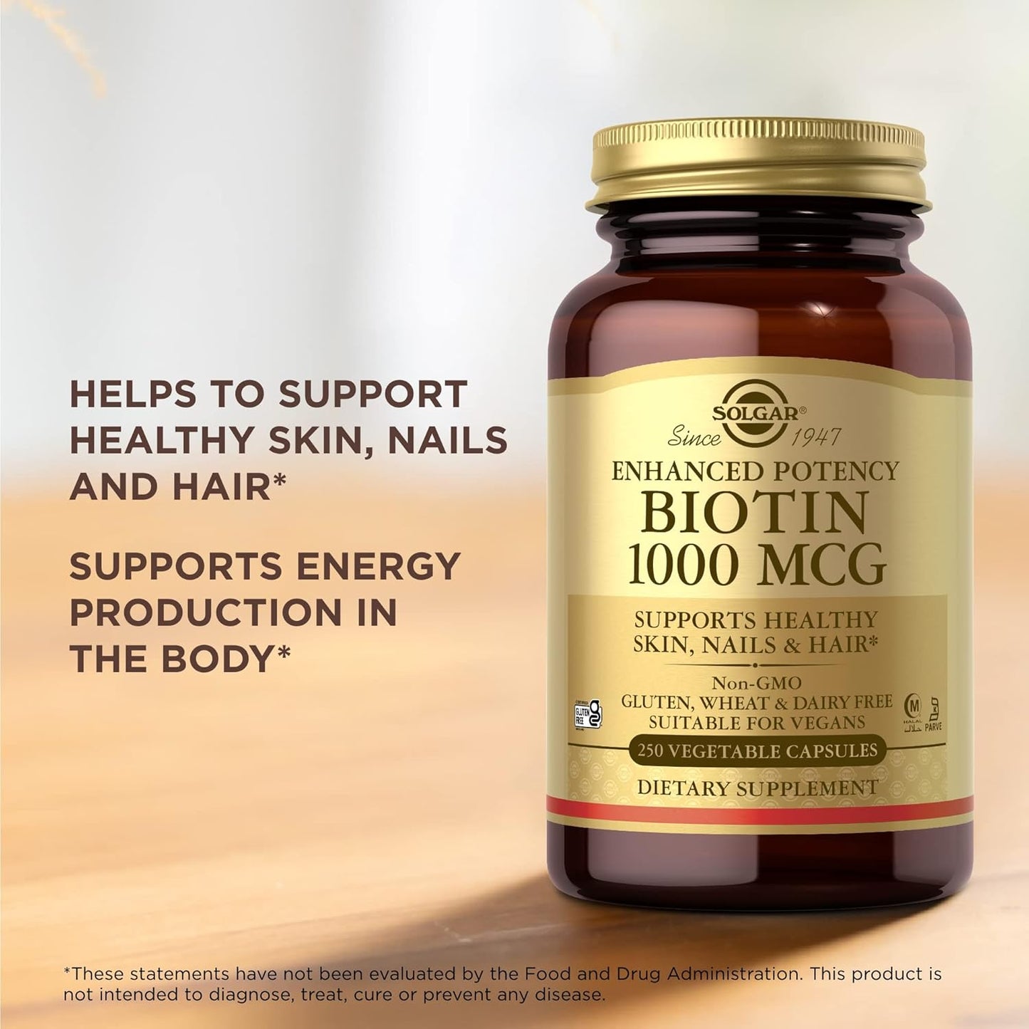 Solgar Biotin 1000 mcg Capsules - 250 ct - Promotes Healthy Skin, Nails, and Hair - Non-GMO, Vegan, Gluten-Free, Dairy-Free - 250 Servings