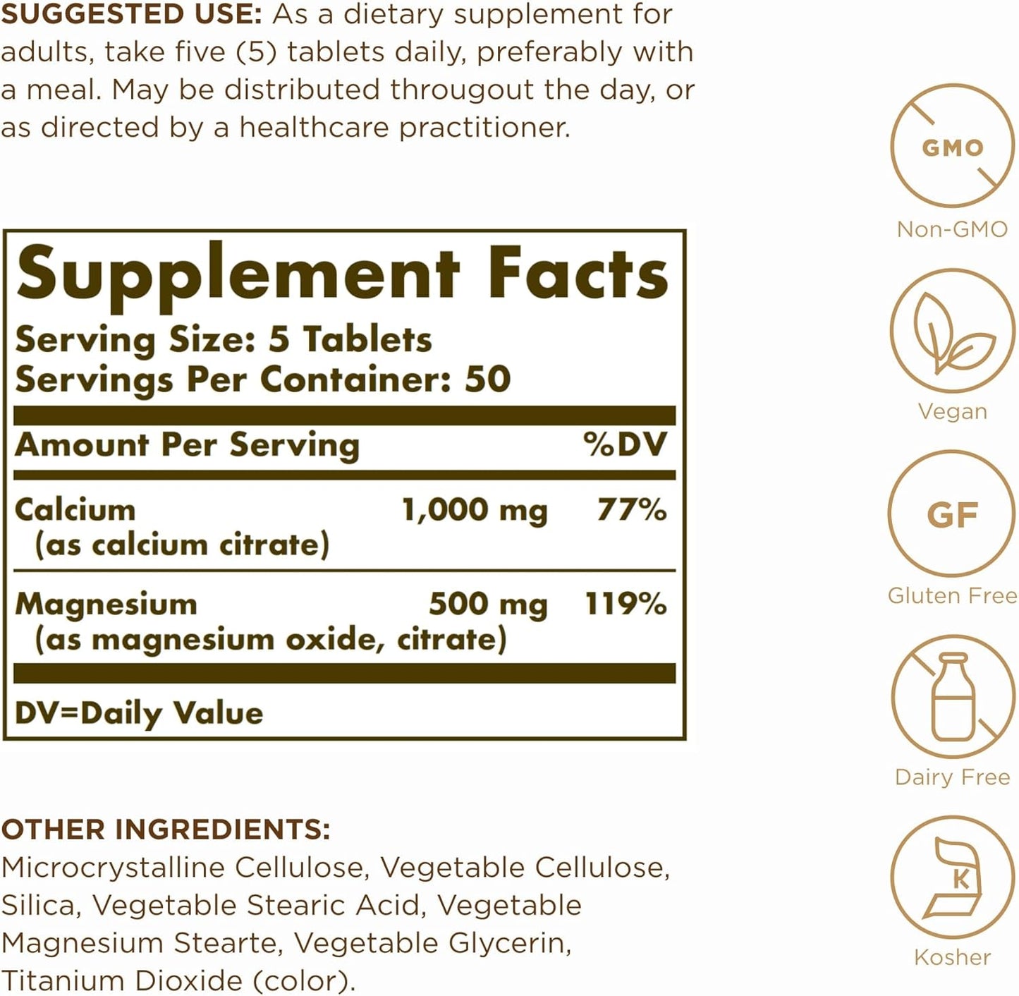 Solgar Calcium Magnesium Citrate Tablets - 500 Count, 2-Pack - Non-GMO, Vegan, Gluten Free, Kosher - 100 Servings per Bottle