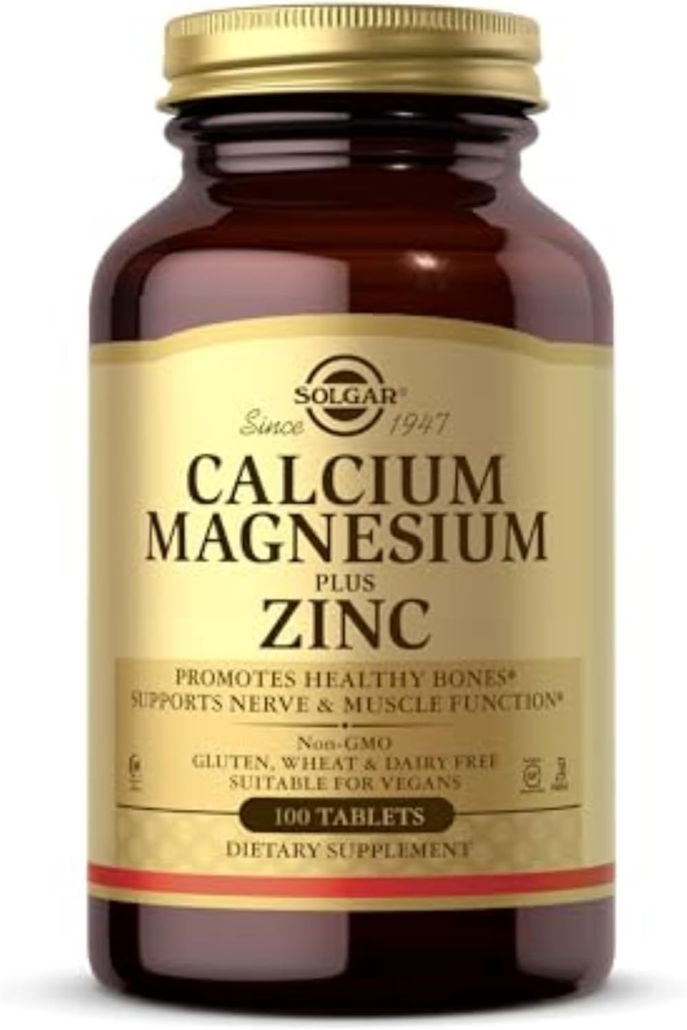 Solgar Calcium Magnesium Zinc Tablets - Supports Bone Health, Nerve & Muscle Function - Non GMO, Vegan, Gluten Free - 100 Count