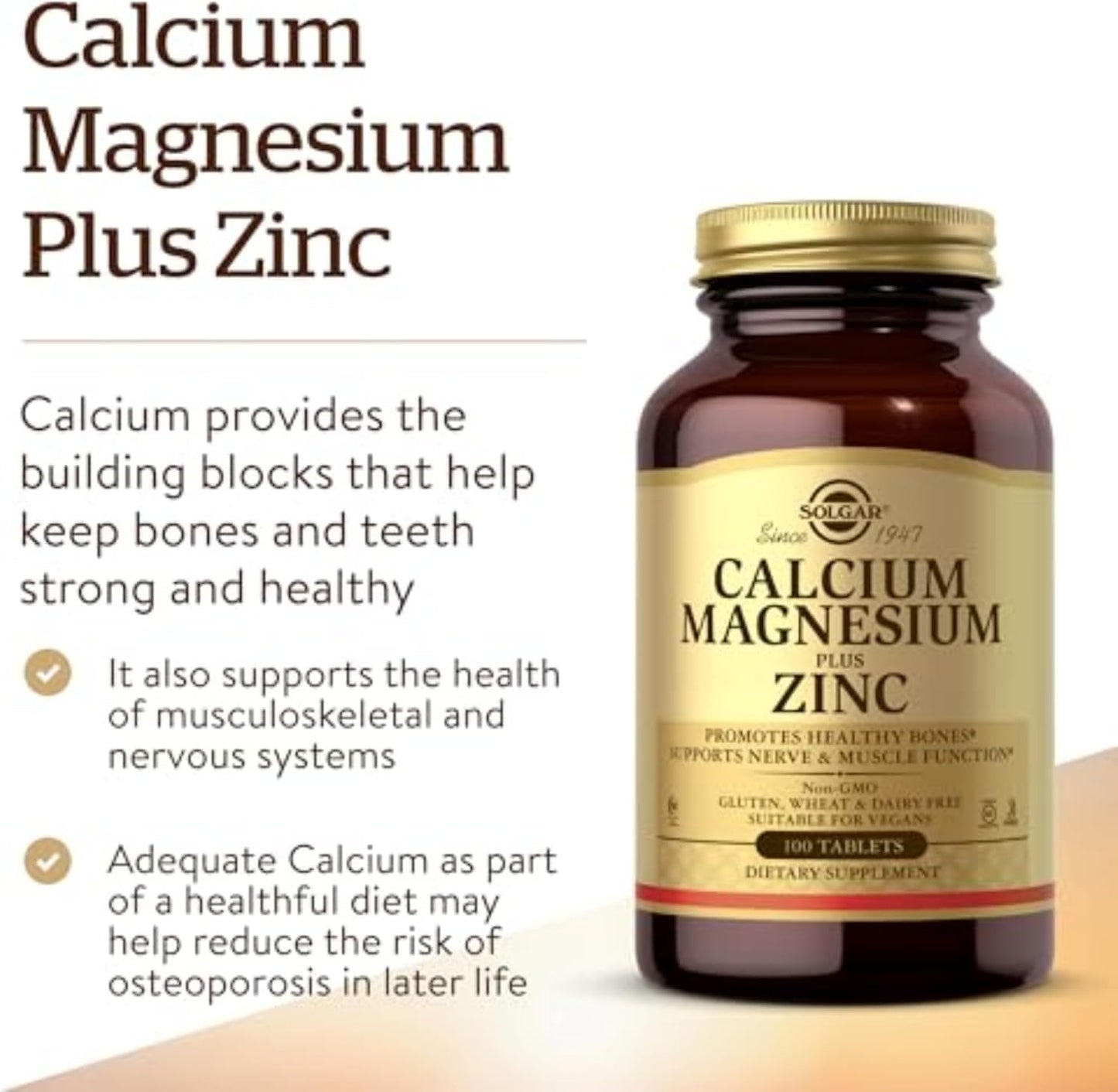 Solgar Calcium Magnesium Zinc Tablets - Supports Bone Health, Nerve & Muscle Function - Non GMO, Vegan, Gluten Free - 100 Count