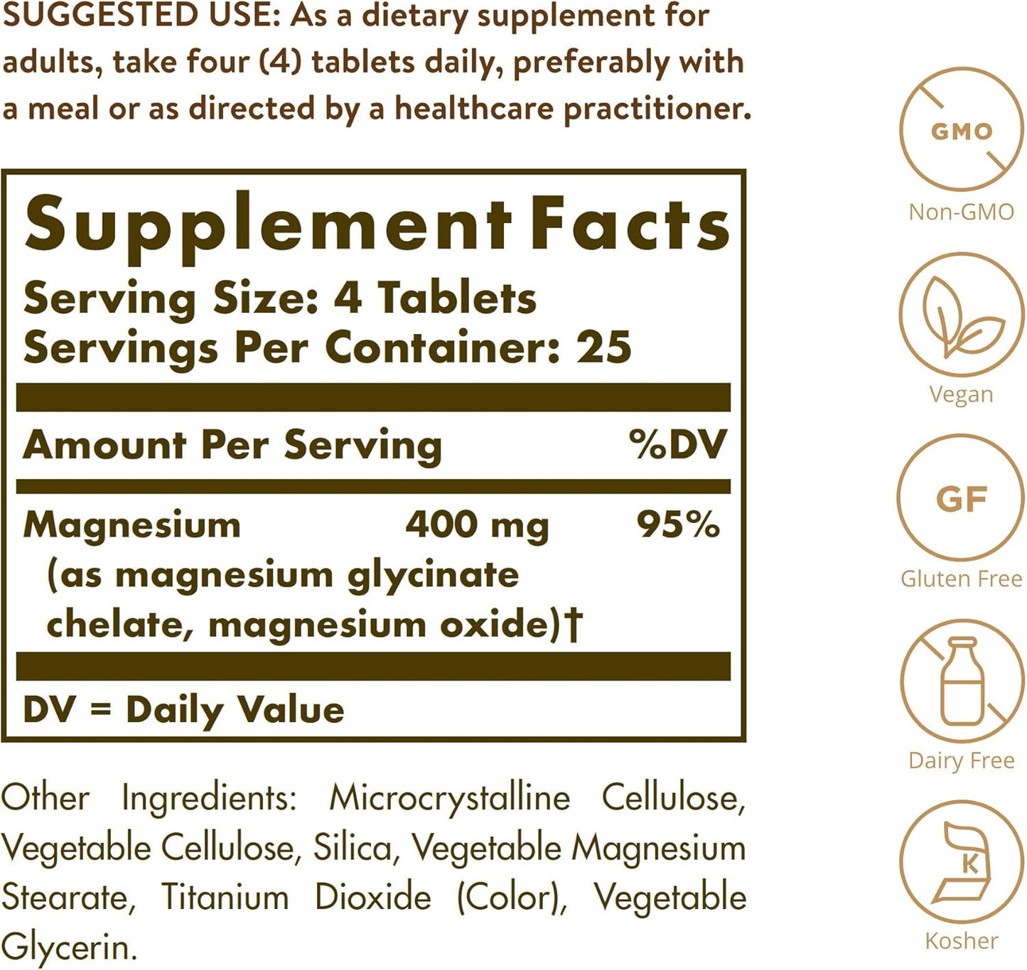 Solgar Chelated Magnesium Tablets - Supports Nerve & Muscle Function - Promotes Healthy Bones - Non-GMO, Vegan, Gluten Free - 25 Servings