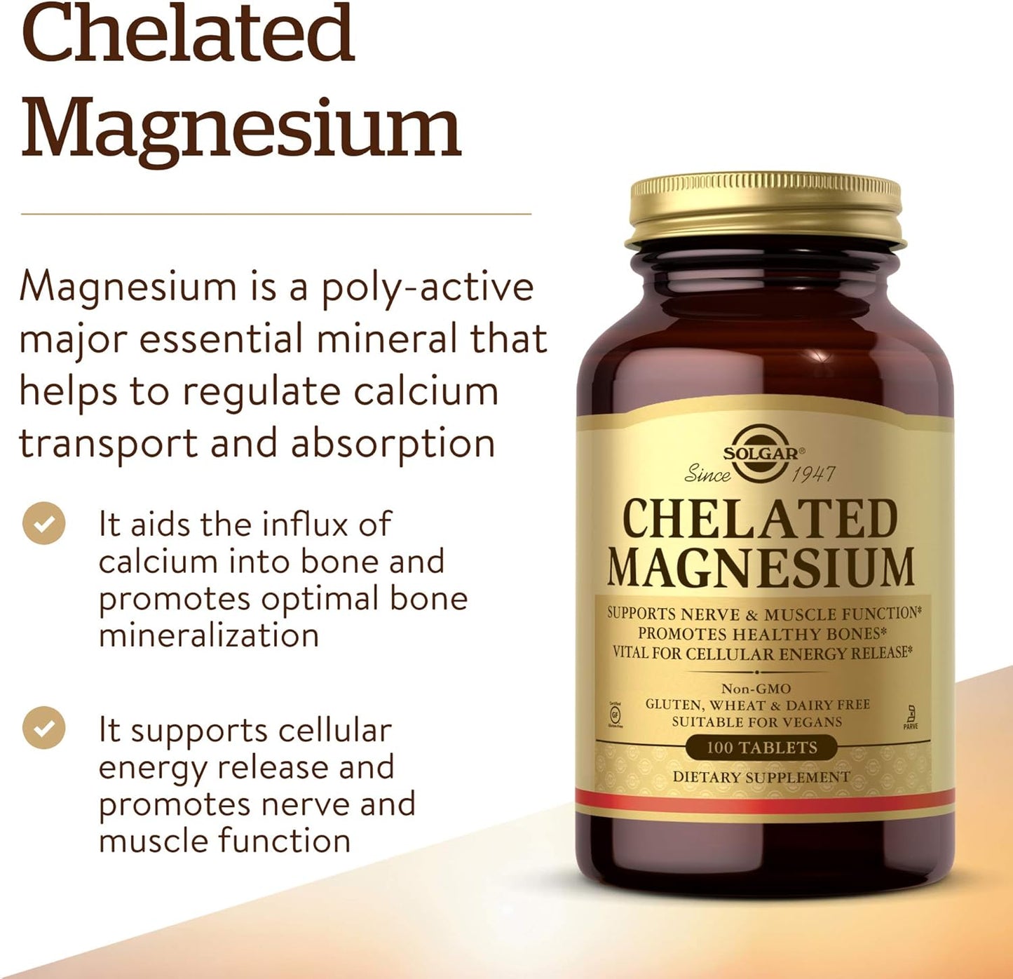 Solgar Chelated Magnesium Tablets - Supports Nerve & Muscle Function - Promotes Healthy Bones - Non-GMO, Vegan, Gluten Free - 25 Servings