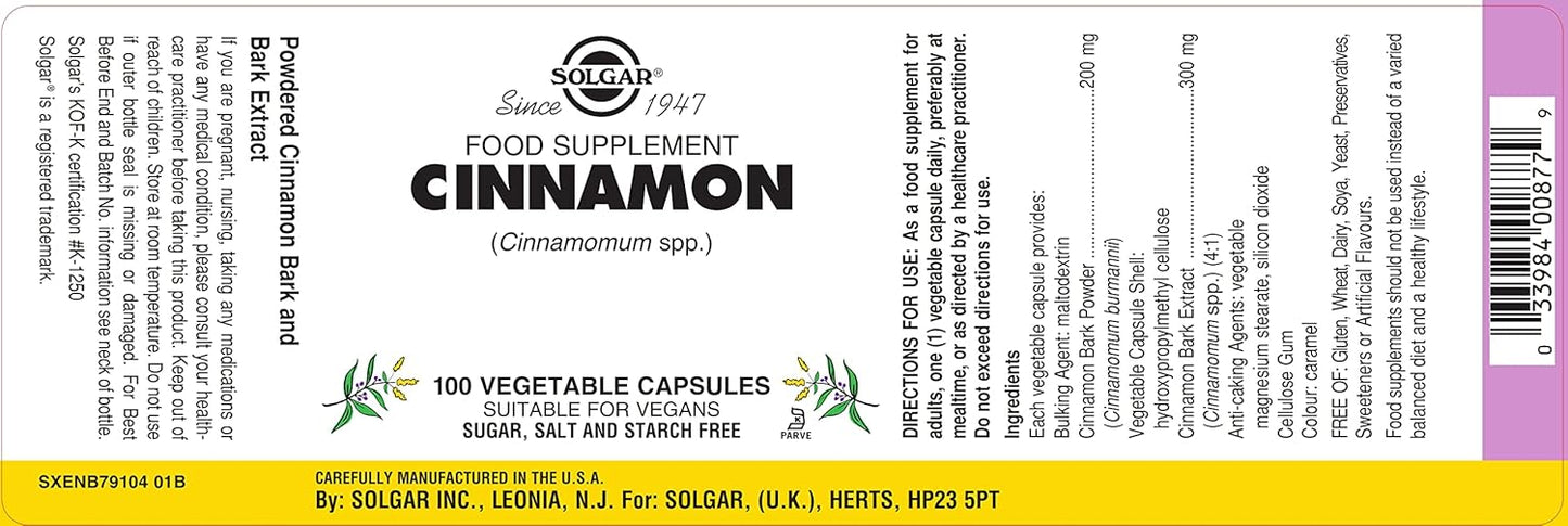 Solgar Cinnamon Capsules - Full Potency - Supports Sugar Metabolism & Overall Wellness - Non-GMO, Vegan, Gluten Free - 100 Servings